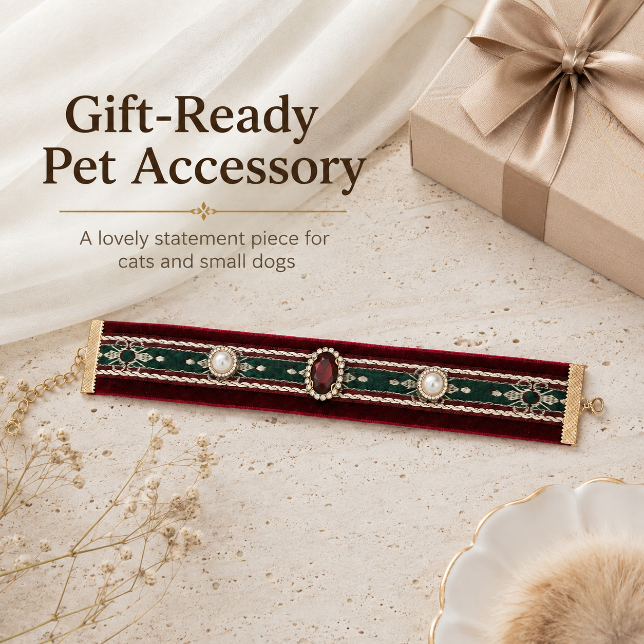 Vintage Velvet Gem Pearl Pet Collar for Cats & Small Dogs