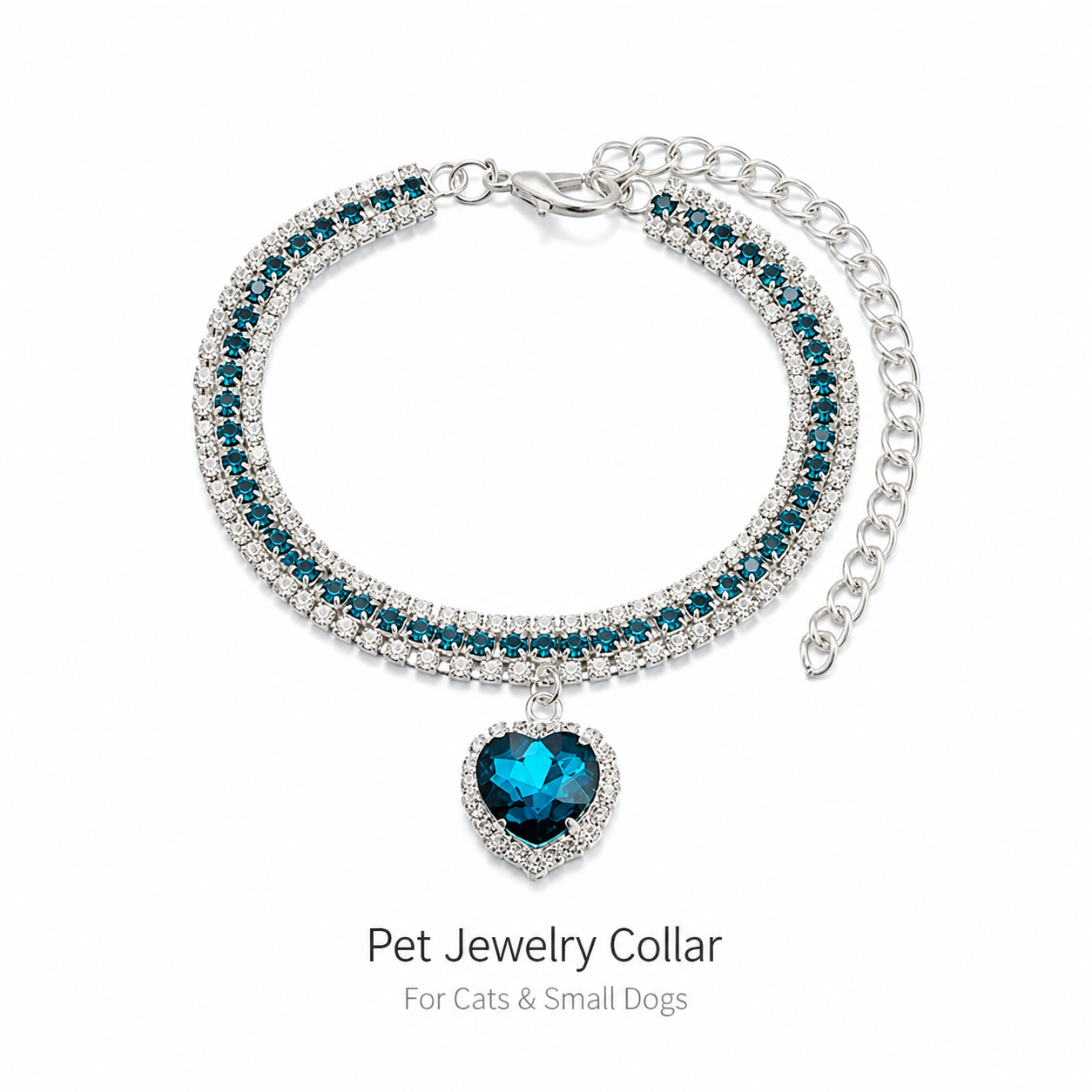 Bling Ocean Blue Heart Pet Rhinestone Collar for Cats & Small Dogs