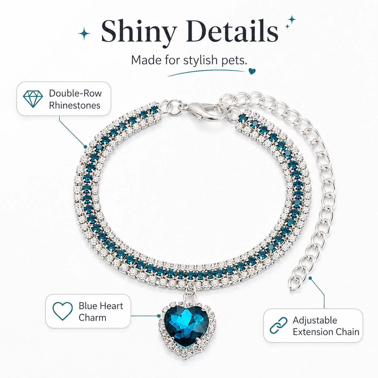 Bling Ocean Blue Heart Pet Rhinestone Collar for Cats & Small Dogs