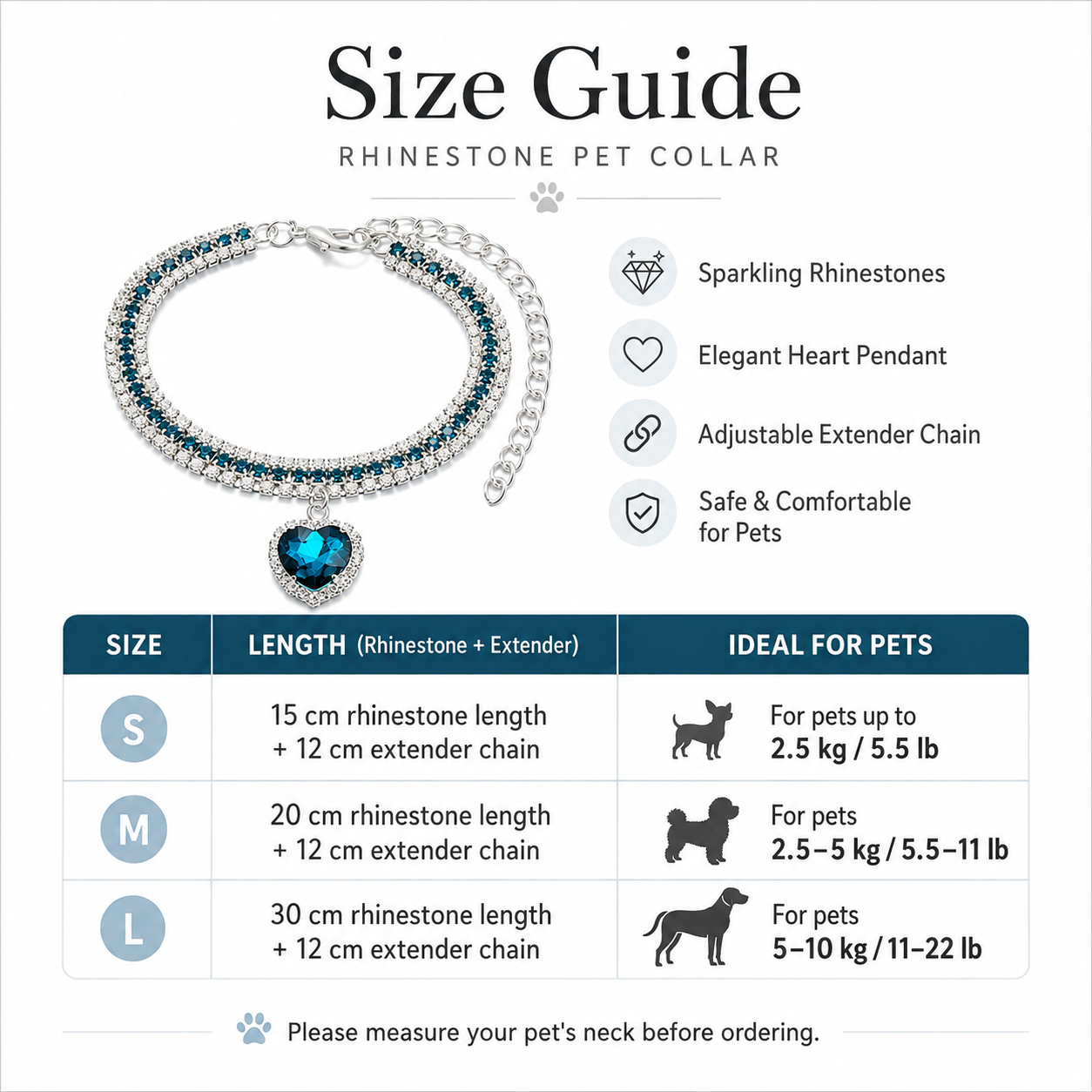 Bling Ocean Blue Heart Pet Rhinestone Collar for Cats & Small Dogs