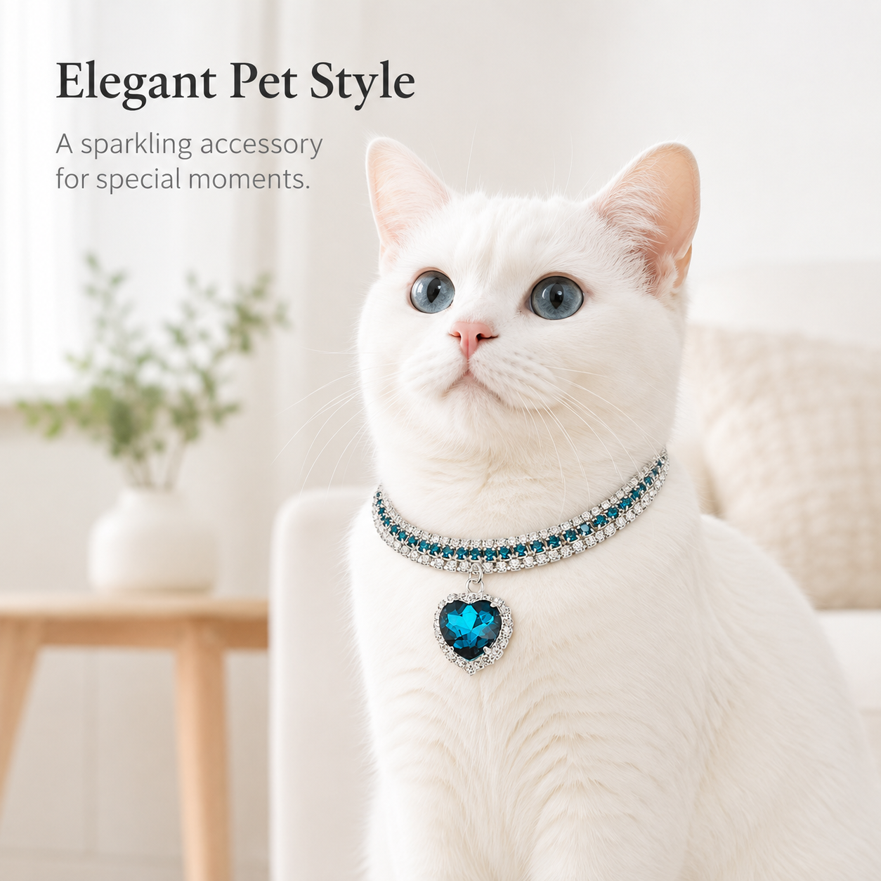 Bling Ocean Blue Heart Pet Rhinestone Collar for Cats & Small Dogs