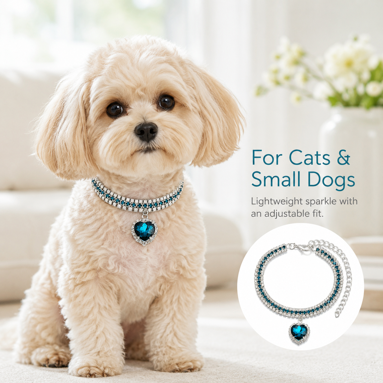 Bling Ocean Blue Heart Pet Rhinestone Collar for Cats & Small Dogs
