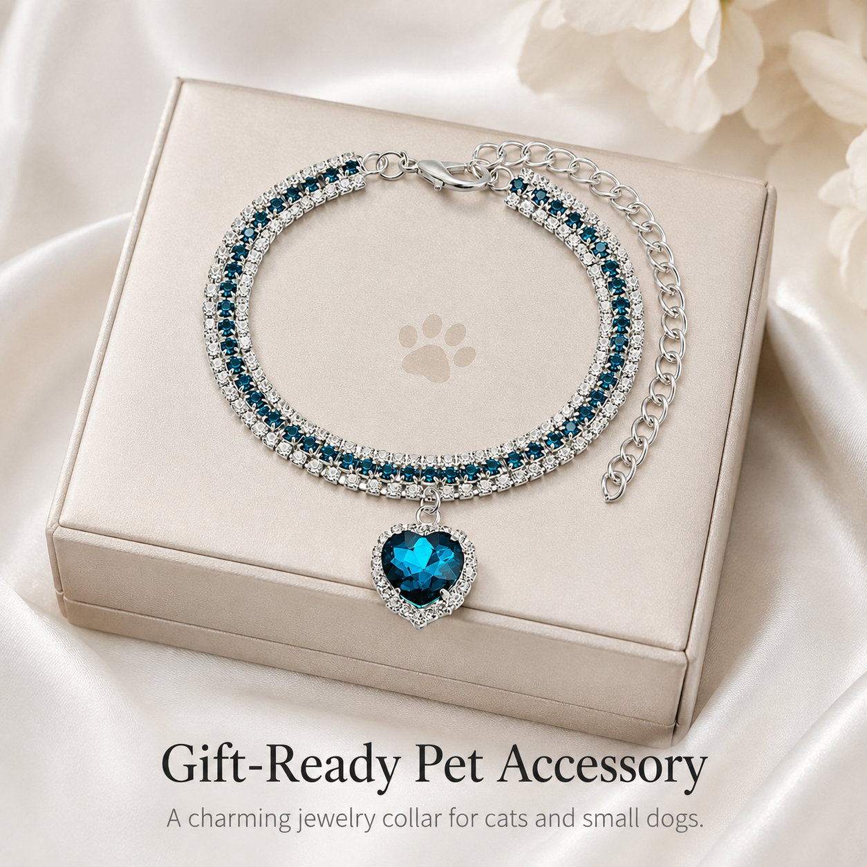 Bling Ocean Blue Heart Pet Rhinestone Collar for Cats & Small Dogs