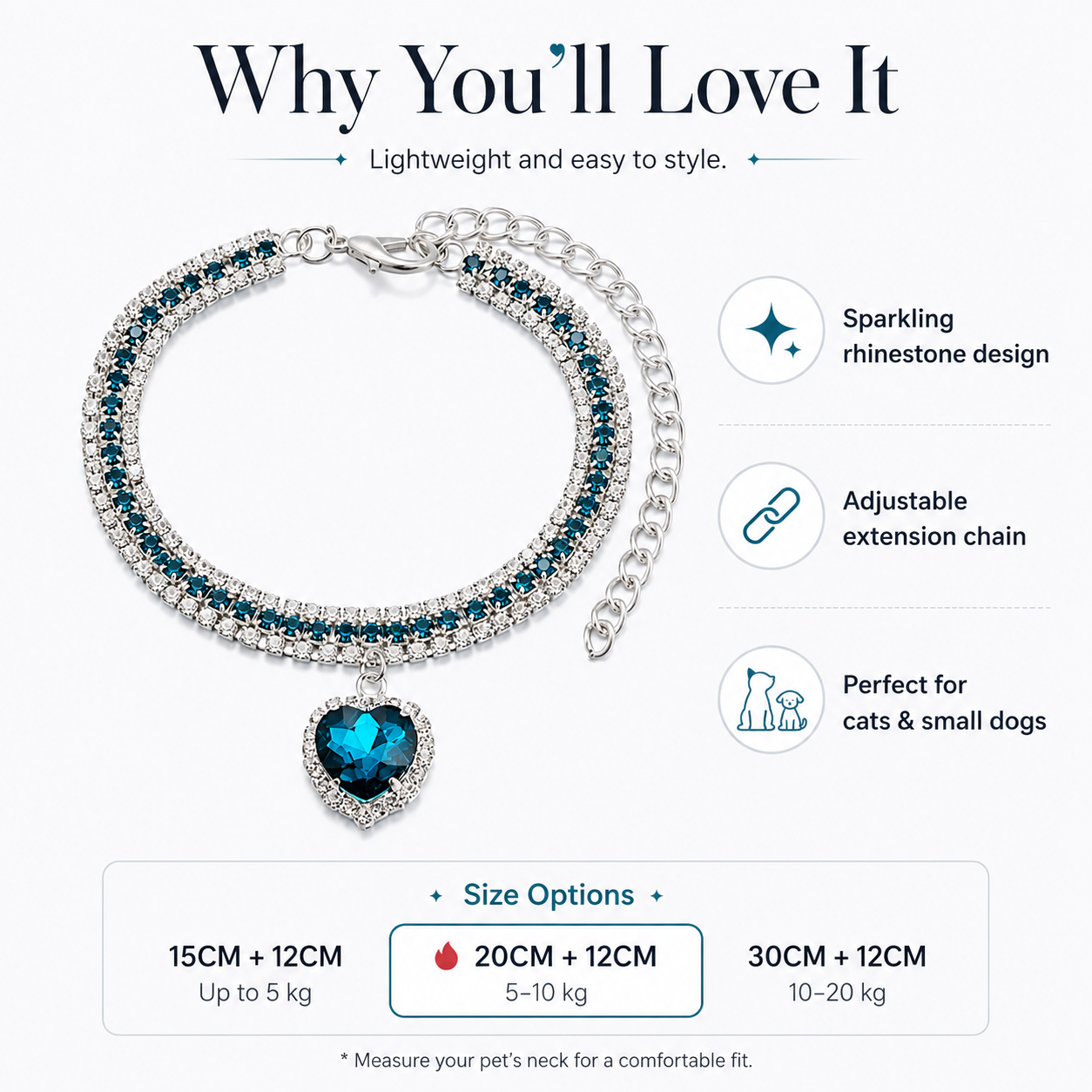 Bling Ocean Blue Heart Pet Rhinestone Collar for Cats & Small Dogs