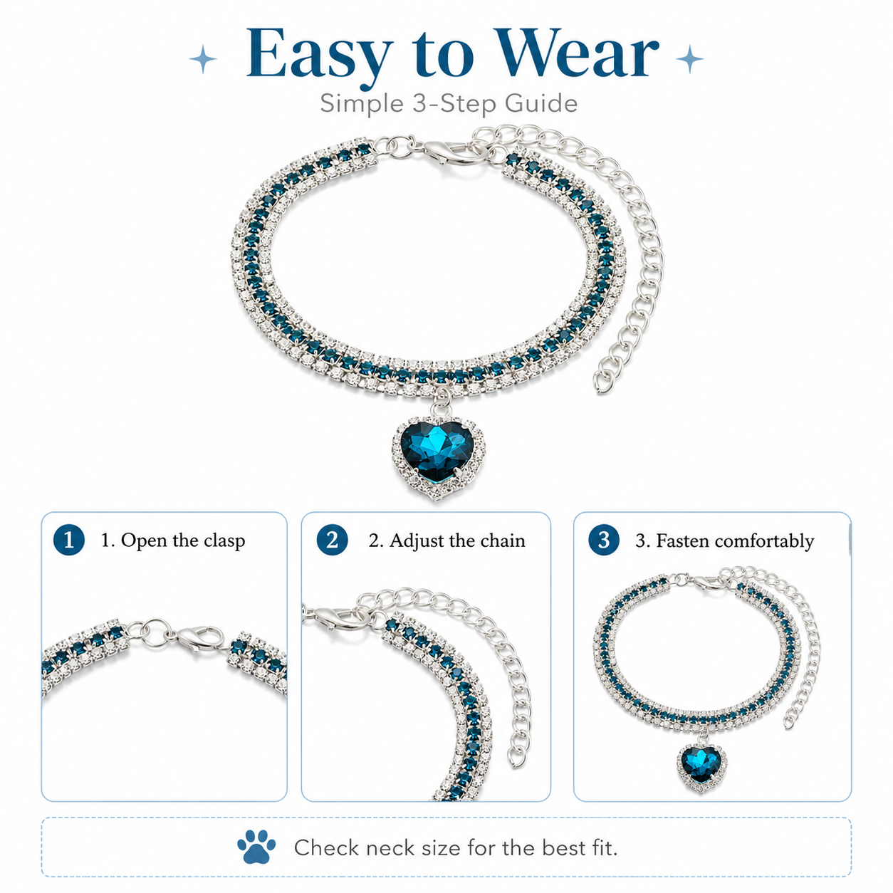 Bling Ocean Blue Heart Pet Rhinestone Collar for Cats & Small Dogs