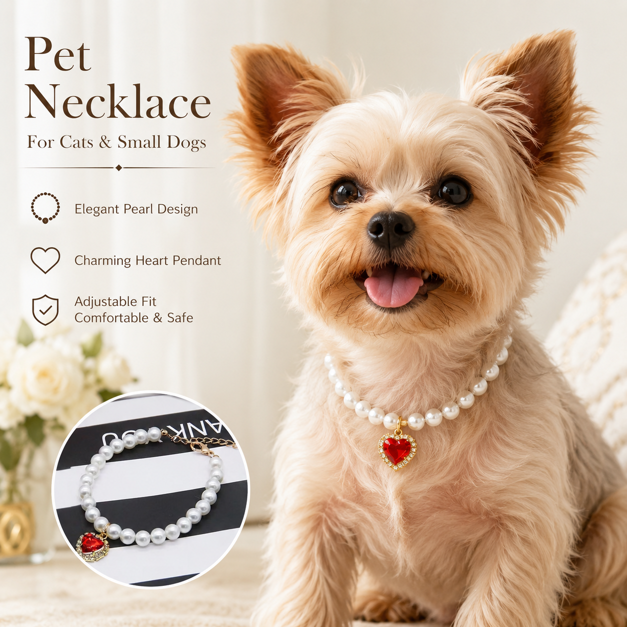 Elegant Beaded Pet Necklace for Maltese Teddy Chihuahua Kitten Party Photoshoot