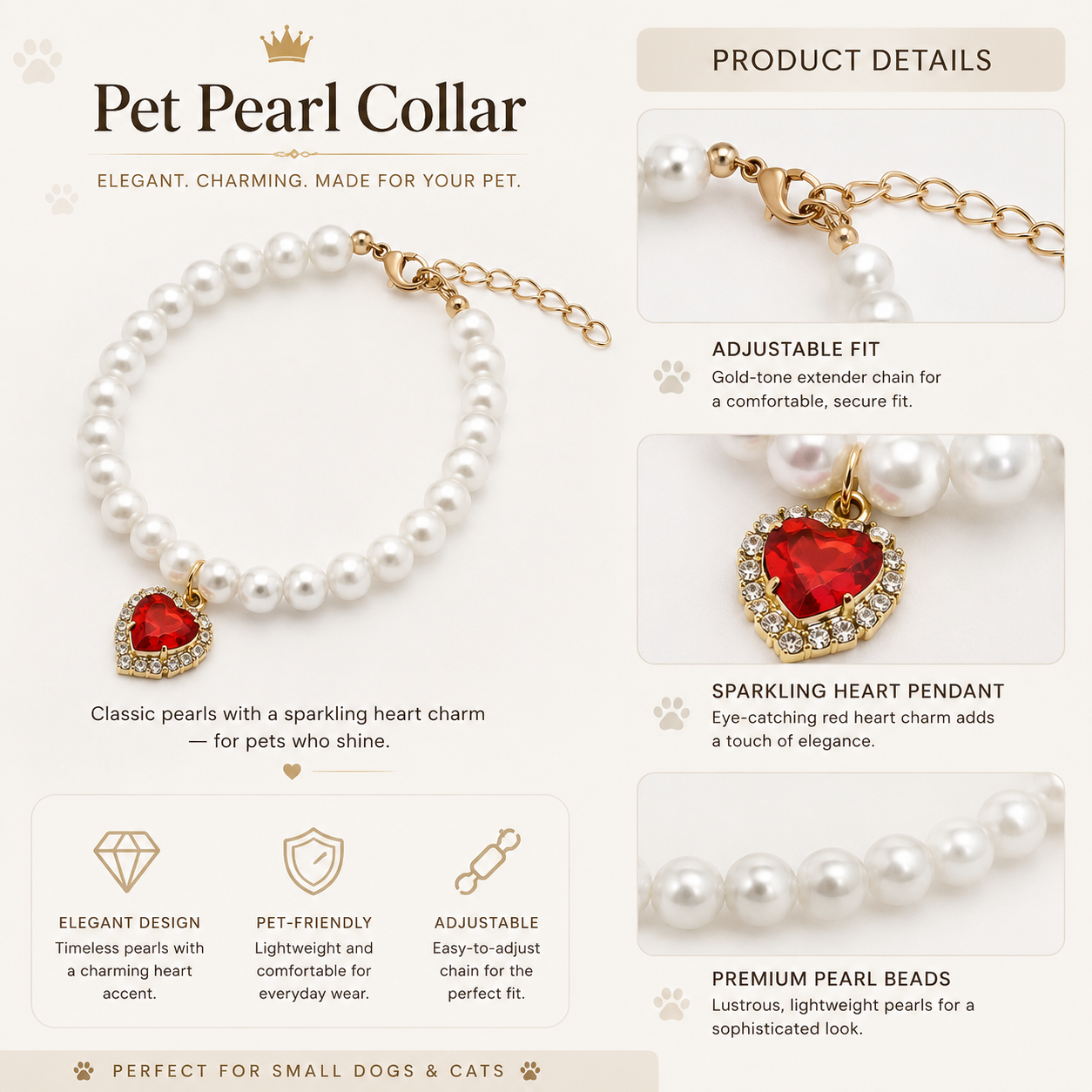 Elegant Beaded Pet Necklace for Maltese Teddy Chihuahua Kitten Party Photoshoot