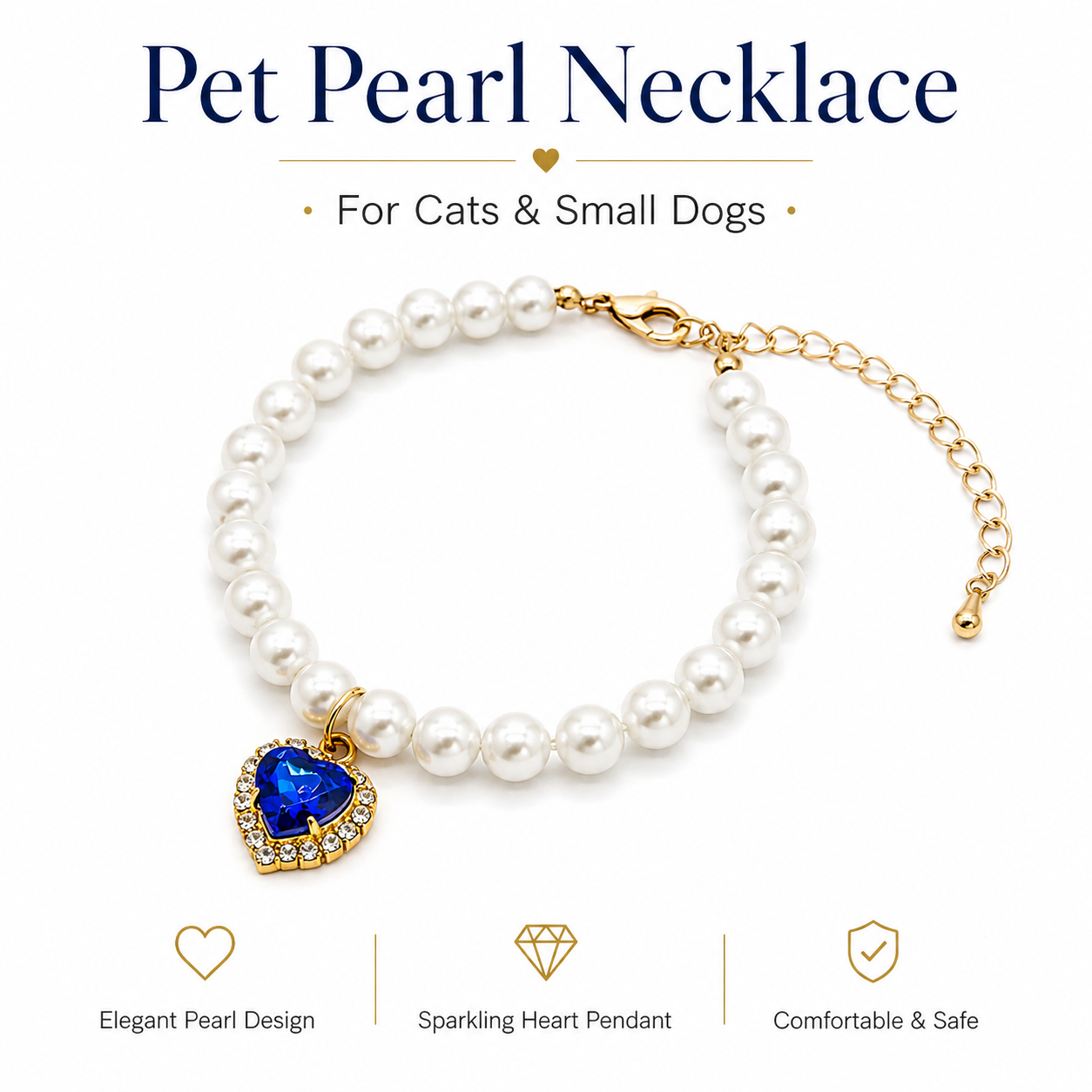 Elegant White Pearl Pet Necklace with Blue Heart Pendant for Cats Small Dogs