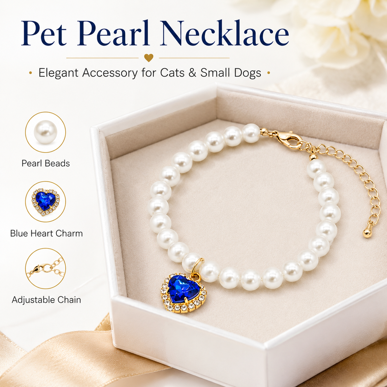 Elegant White Pearl Pet Necklace with Blue Heart Pendant for Cats Small Dogs