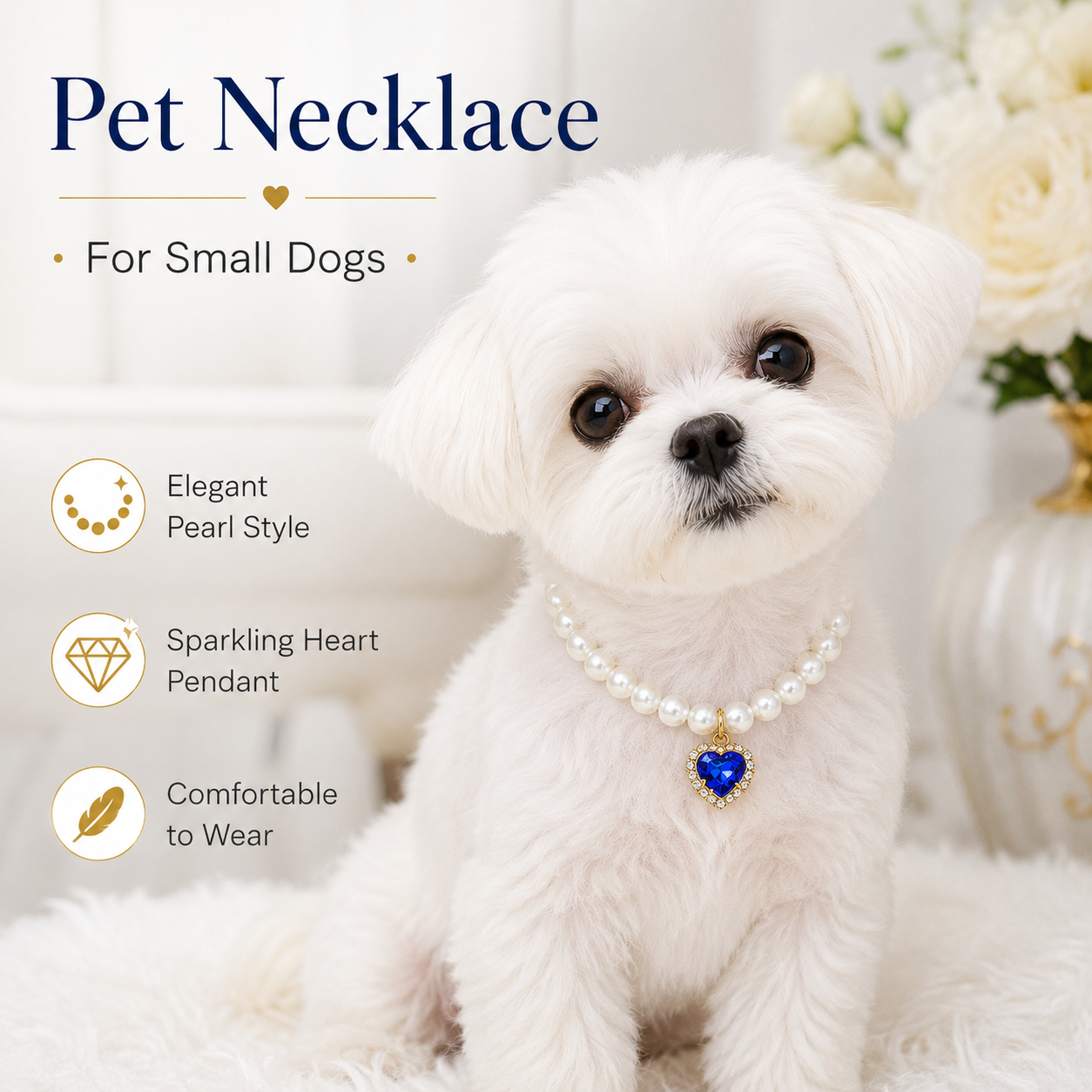 Elegant White Pearl Pet Necklace with Blue Heart Pendant for Cats Small Dogs