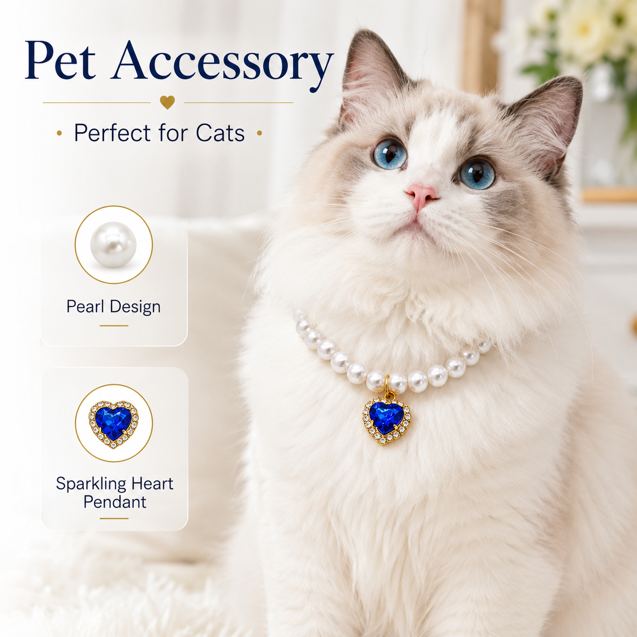 Elegant White Pearl Pet Necklace with Blue Heart Pendant for Cats Small Dogs