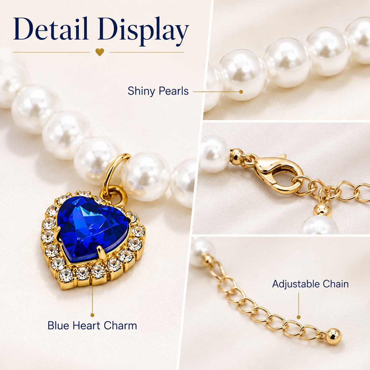 Elegant White Pearl Pet Necklace with Blue Heart Pendant for Cats Small Dogs