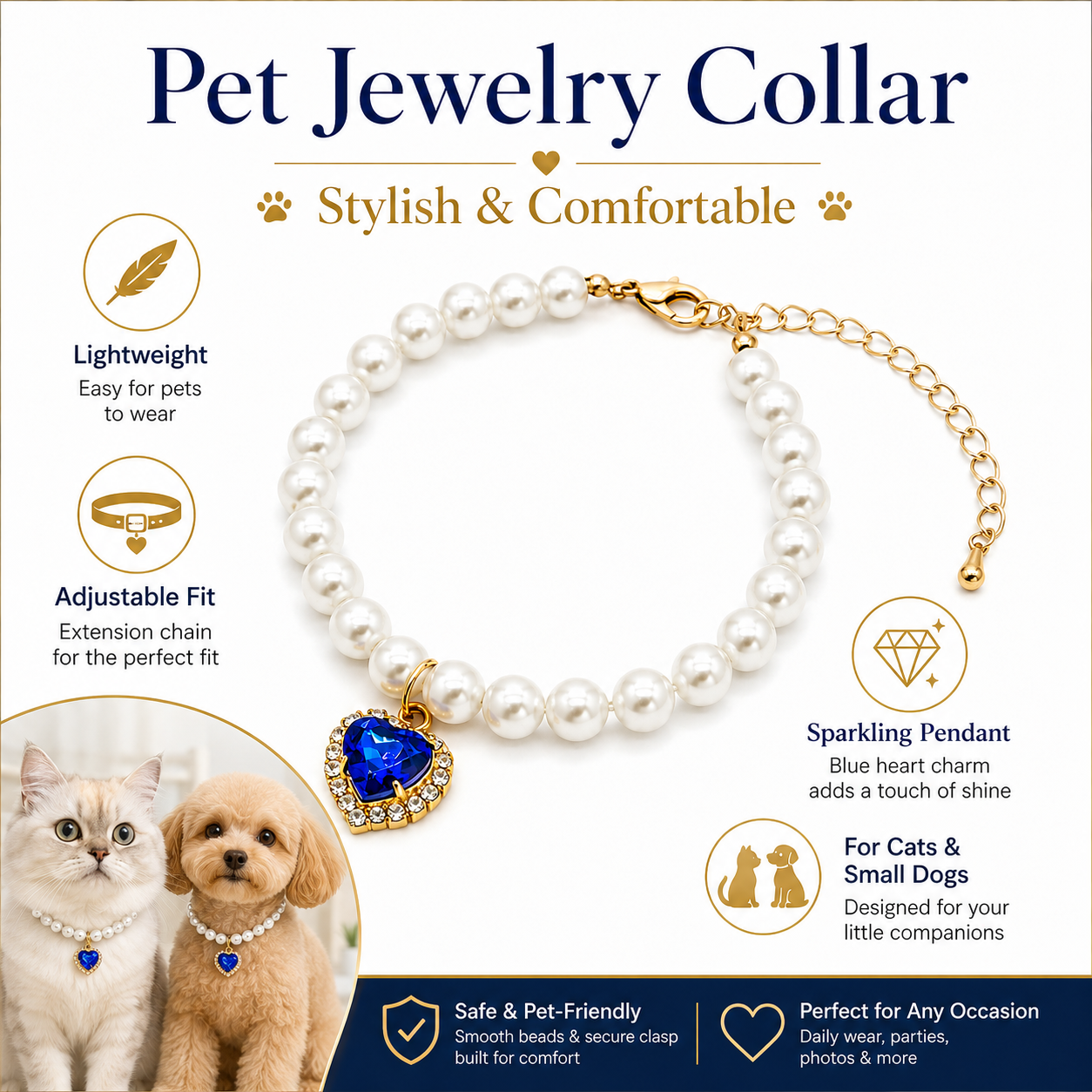Elegant White Pearl Pet Necklace with Blue Heart Pendant for Cats Small Dogs