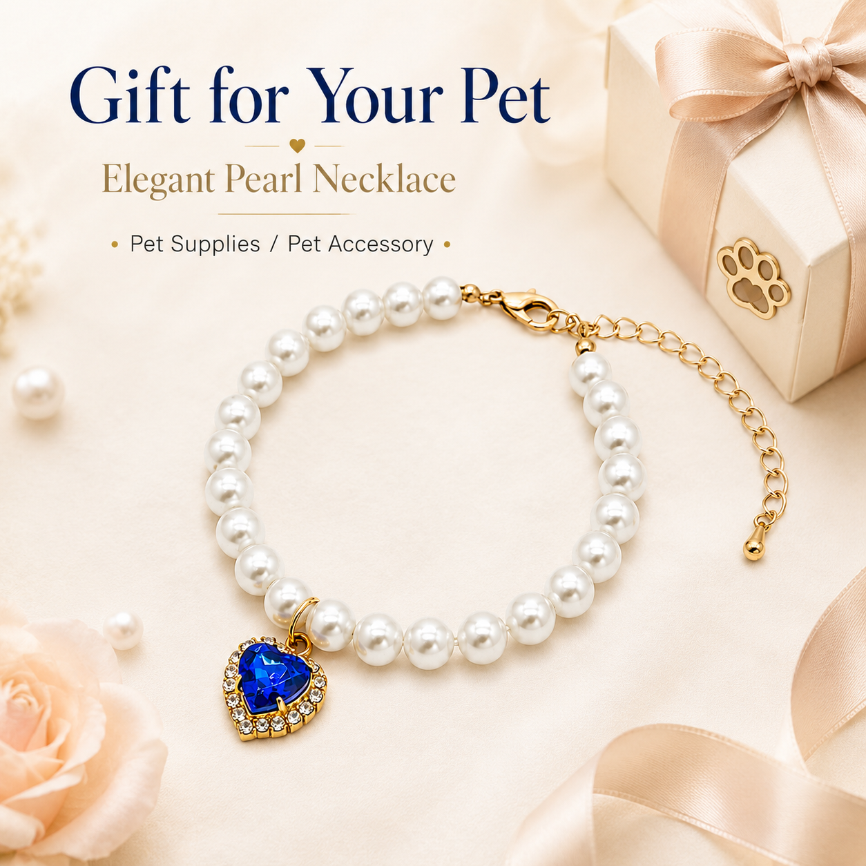 Elegant White Pearl Pet Necklace with Blue Heart Pendant for Cats Small Dogs
