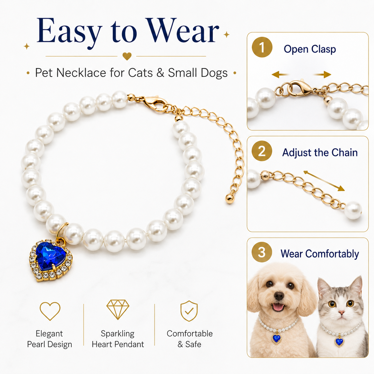 Elegant White Pearl Pet Necklace with Blue Heart Pendant for Cats Small Dogs