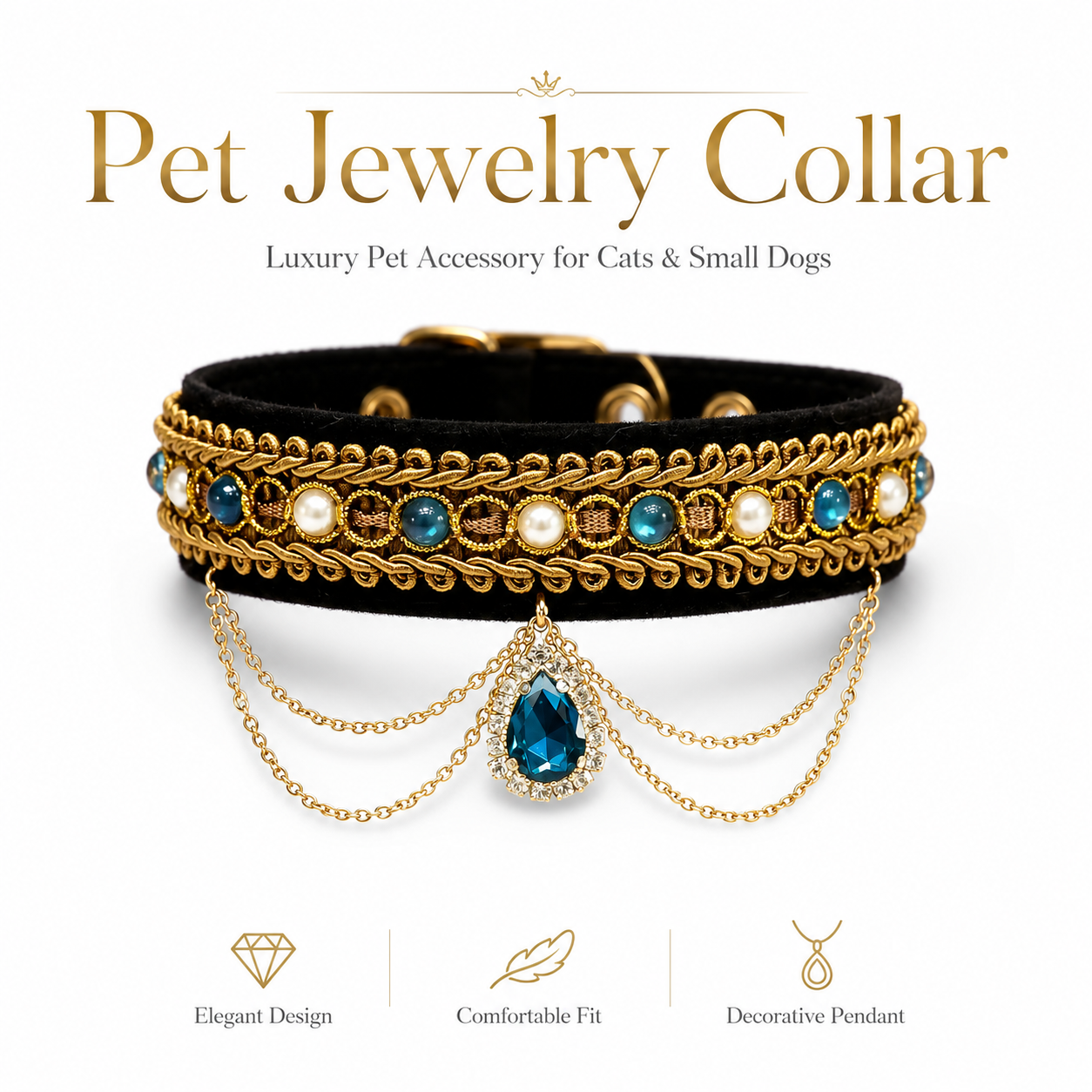 Vintage Black Velvet Pet Collar Luxury Blue Teardrop Gem Cat Necklace for Small Dogs