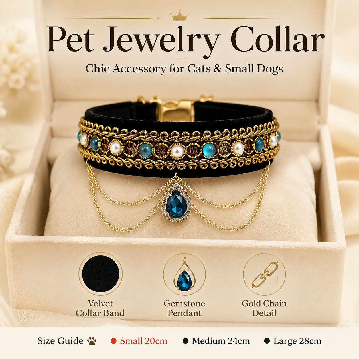 Vintage Black Velvet Pet Collar Luxury Blue Teardrop Gem Cat Necklace for Small Dogs