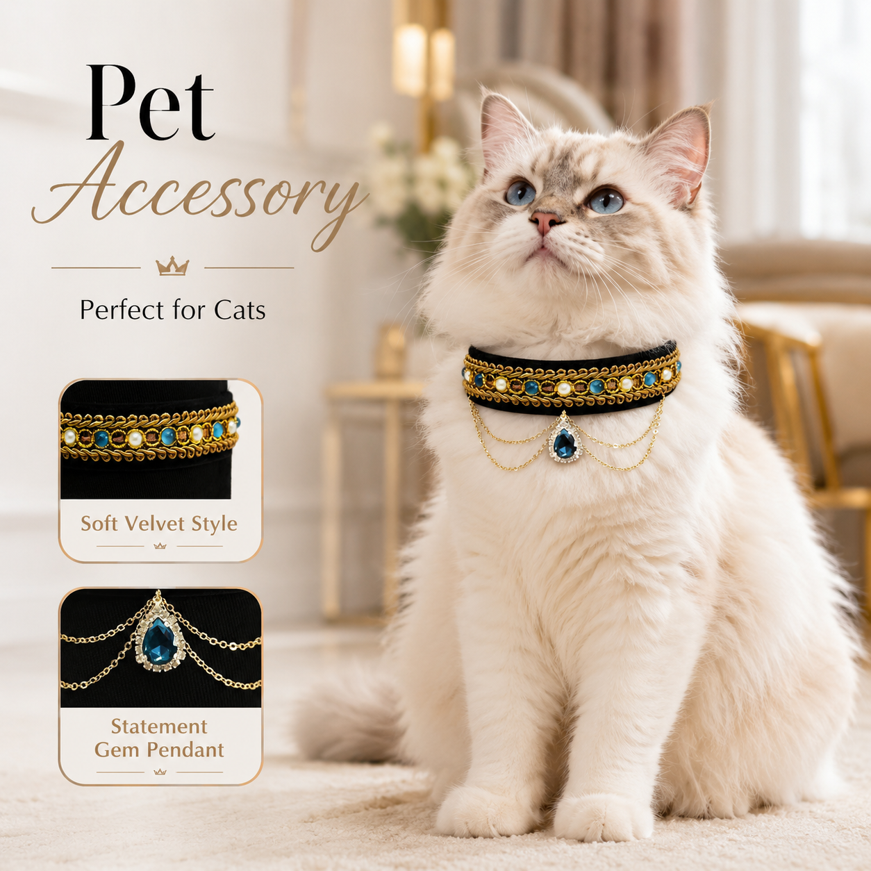 Vintage Black Velvet Pet Collar Luxury Blue Teardrop Gem Cat Necklace for Small Dogs
