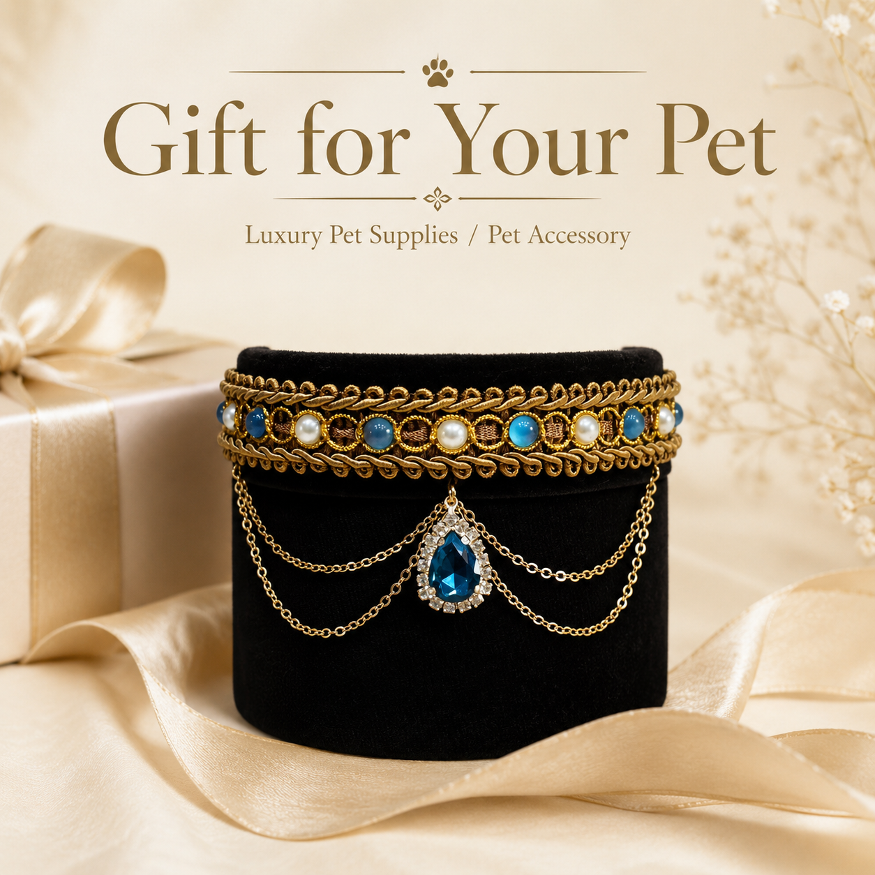 Vintage Black Velvet Pet Collar Luxury Blue Teardrop Gem Cat Necklace for Small Dogs