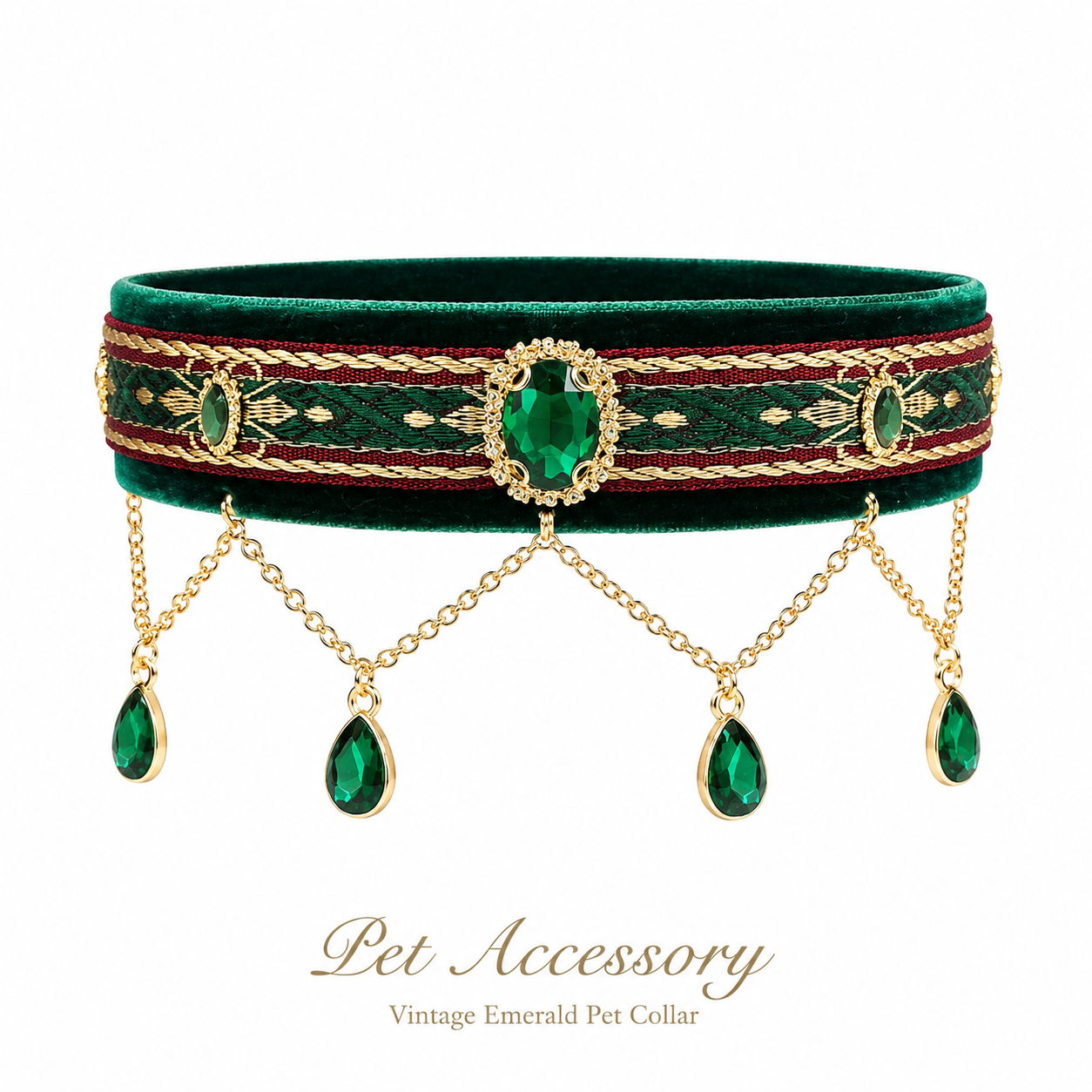 Elegant Royal Pet Collar with Teardrop Green Gem Charms, Perfect for Pet Photography & Party Dress Up