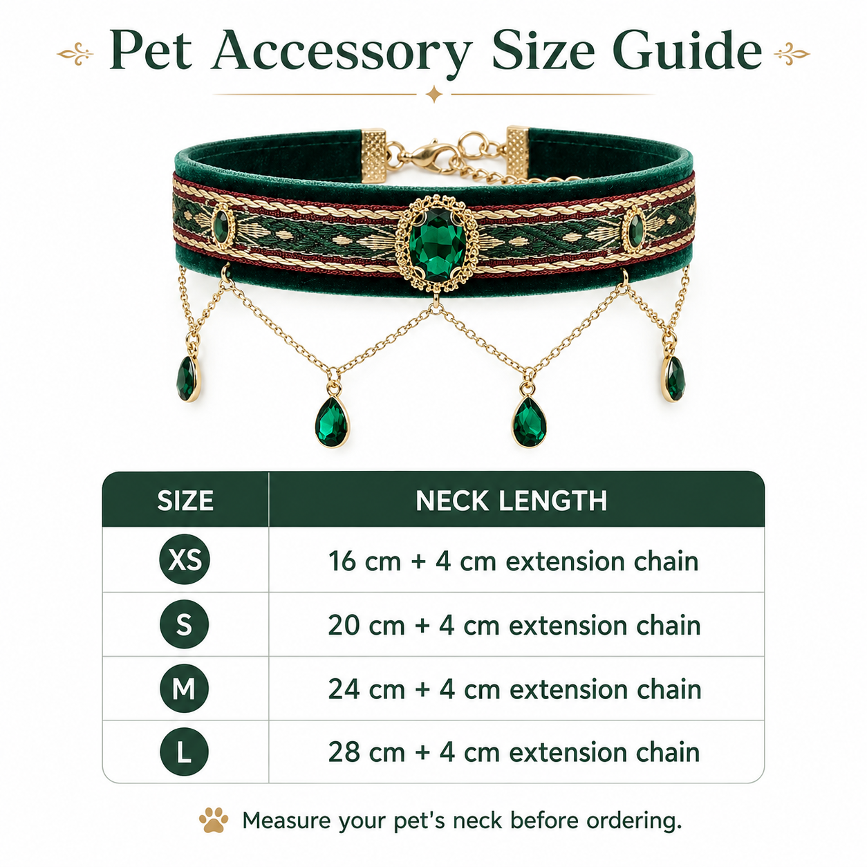 Elegant Royal Pet Collar with Teardrop Green Gem Charms, Perfect for Pet Photography & Party Dress Up