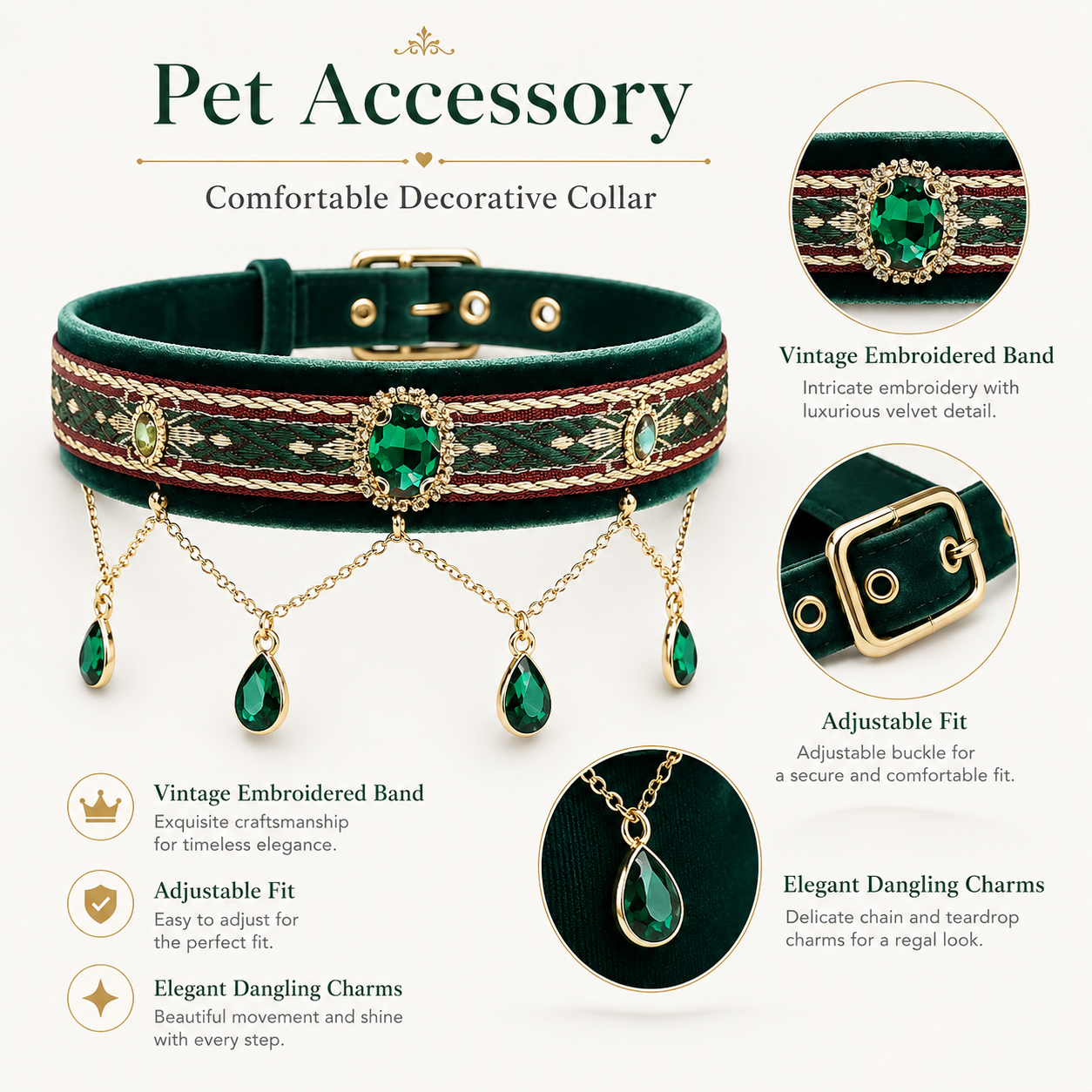 Elegant Royal Pet Collar with Teardrop Green Gem Charms, Perfect for Pet Photography & Party Dress Up