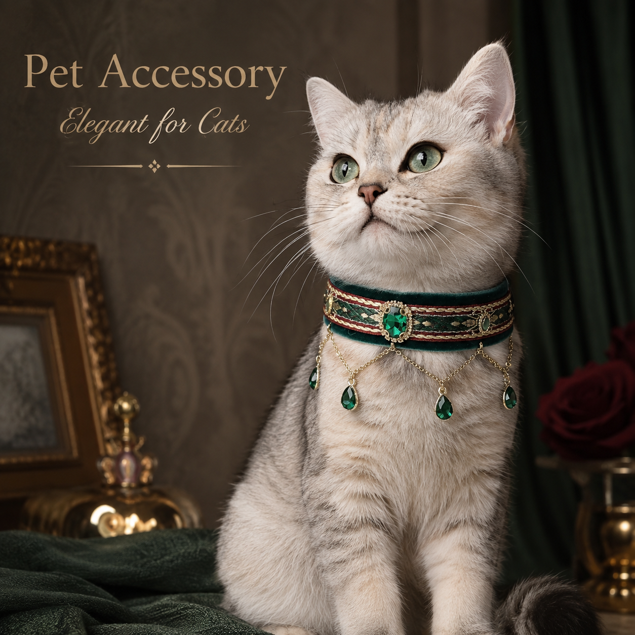 Elegant Royal Pet Collar with Teardrop Green Gem Charms, Perfect for Pet Photography & Party Dress Up