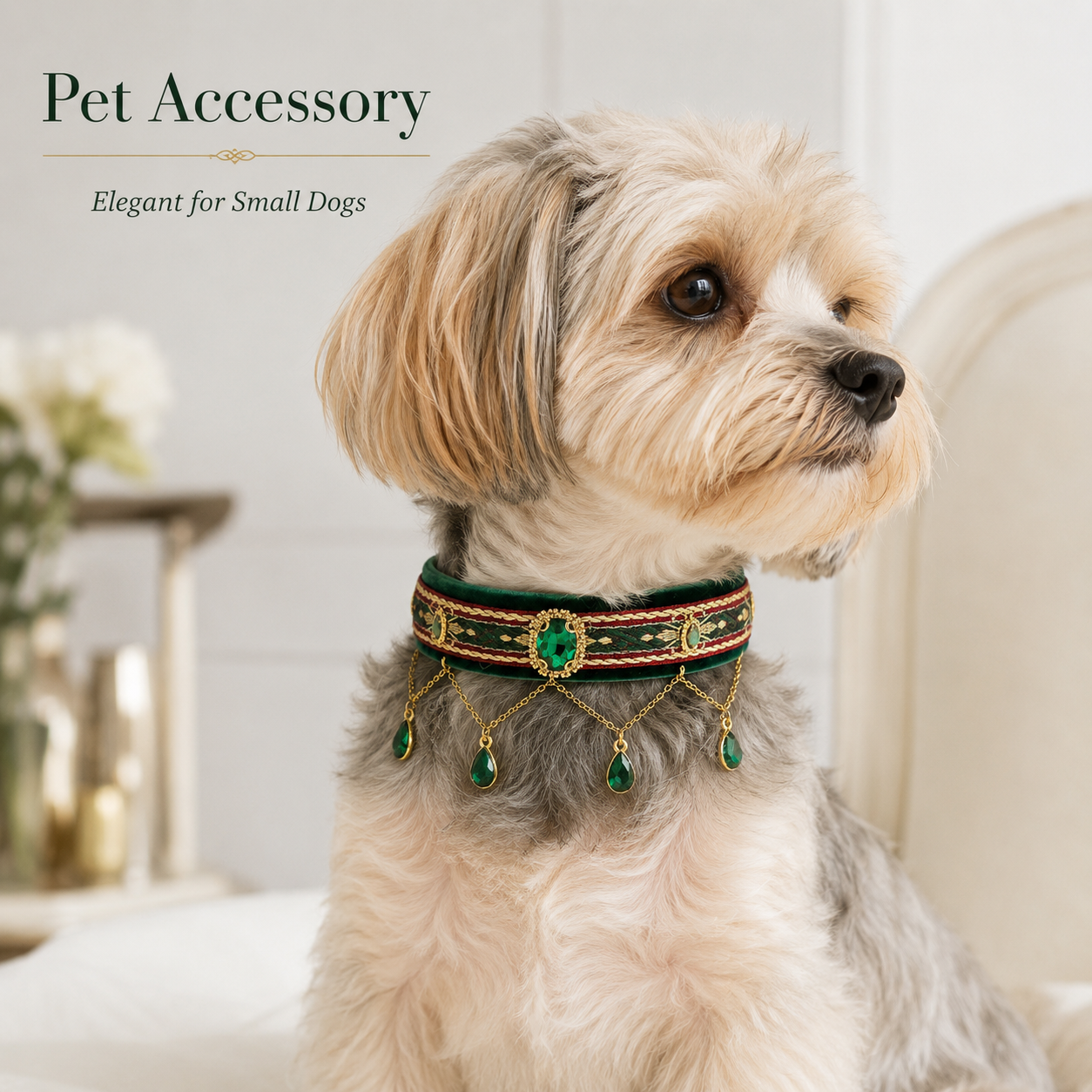 Elegant Royal Pet Collar with Teardrop Green Gem Charms, Perfect for Pet Photography & Party Dress Up