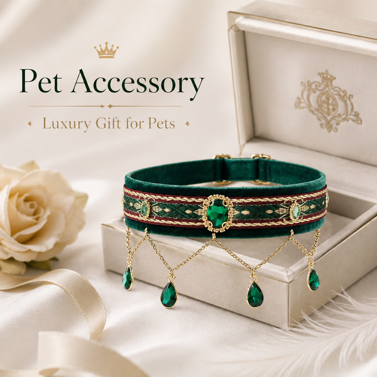 Elegant Royal Pet Collar with Teardrop Green Gem Charms, Perfect for Pet Photography & Party Dress Up