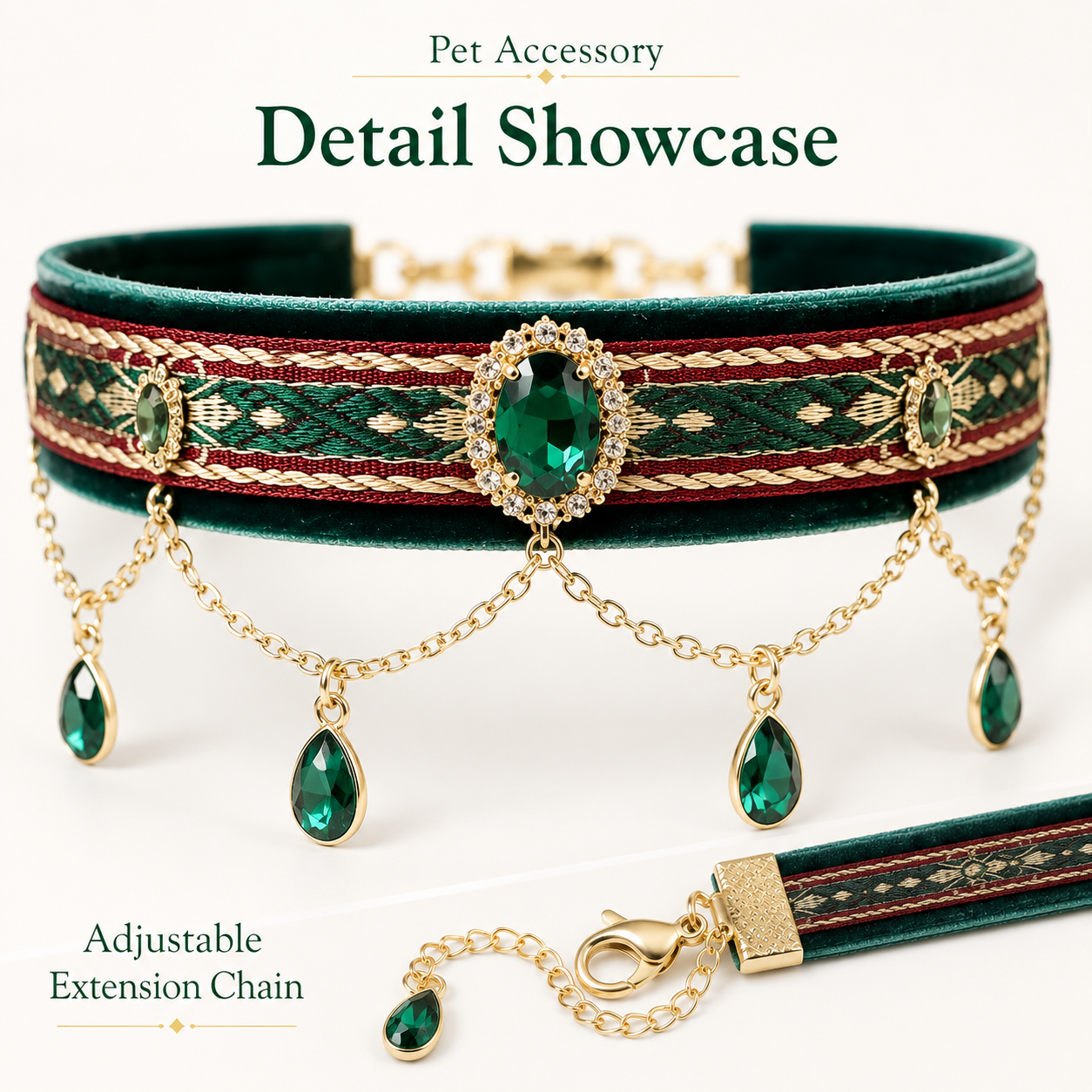 Elegant Royal Pet Collar with Teardrop Green Gem Charms, Perfect for Pet Photography & Party Dress Up