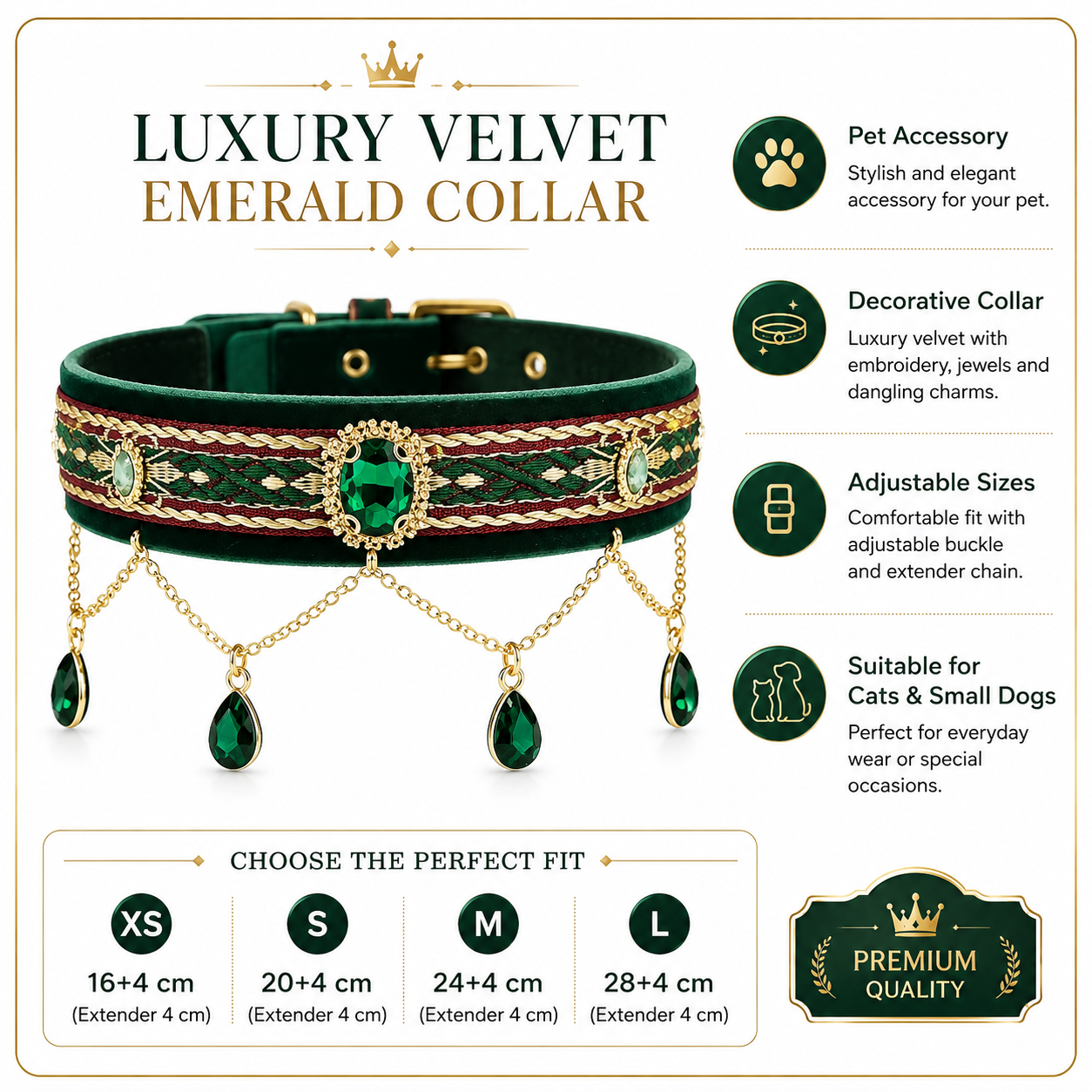 Elegant Royal Pet Collar with Teardrop Green Gem Charms, Perfect for Pet Photography & Party Dress Up