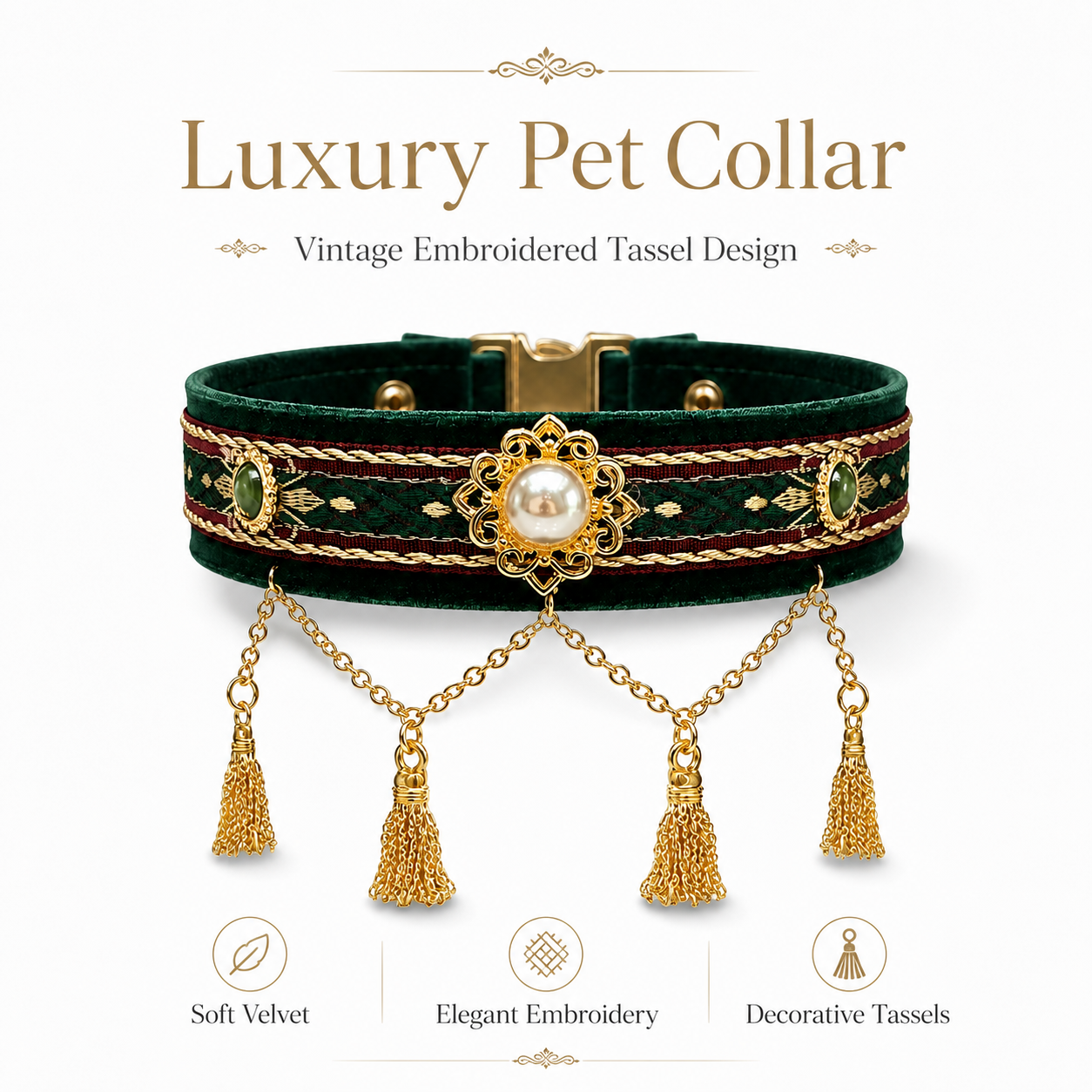 Retro Royal Style Pet Jewelry Collar with Gold Tassel & Pearl, Perfect for Pet Photoshoot & Wedding