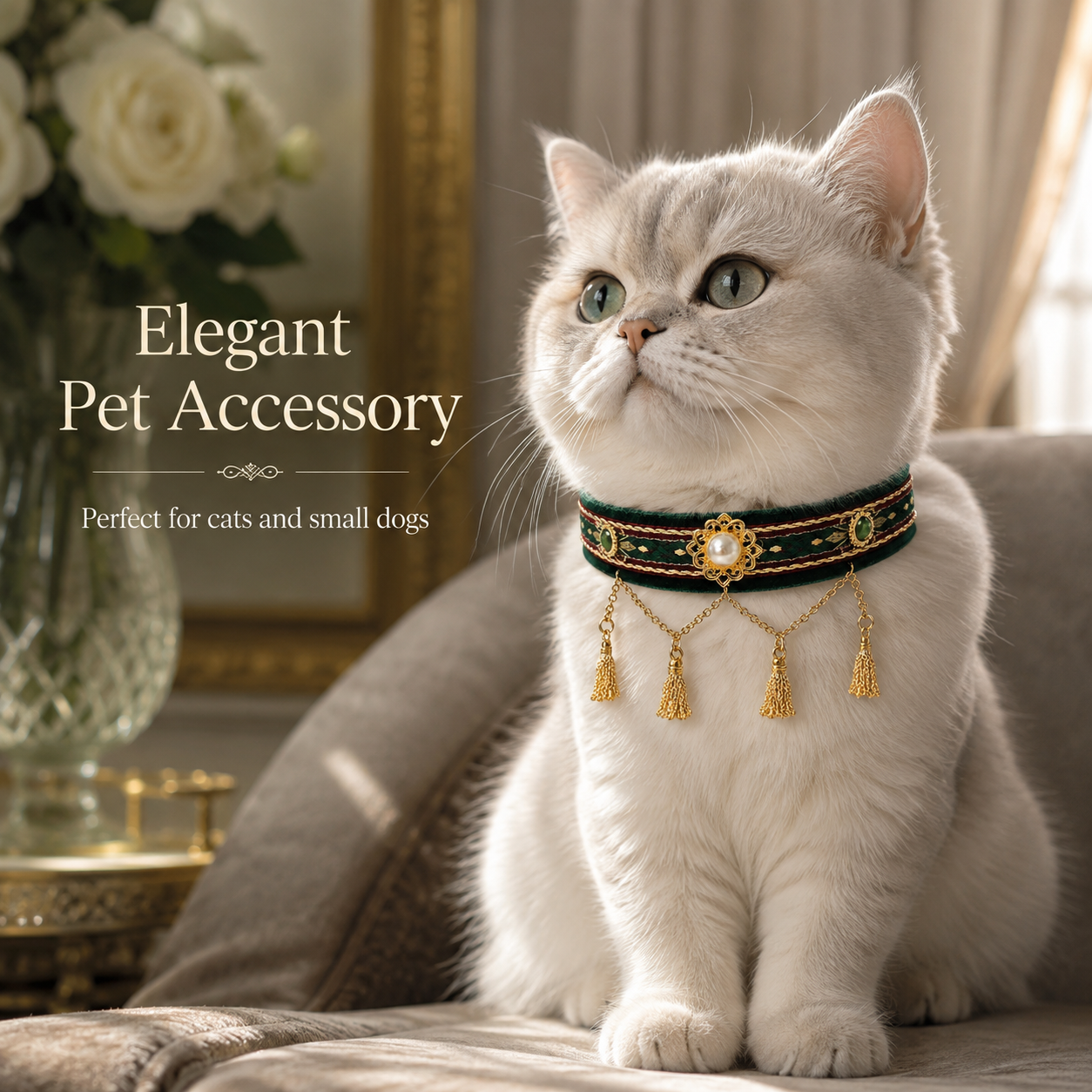 Retro Royal Style Pet Jewelry Collar with Gold Tassel & Pearl, Perfect for Pet Photoshoot & Wedding