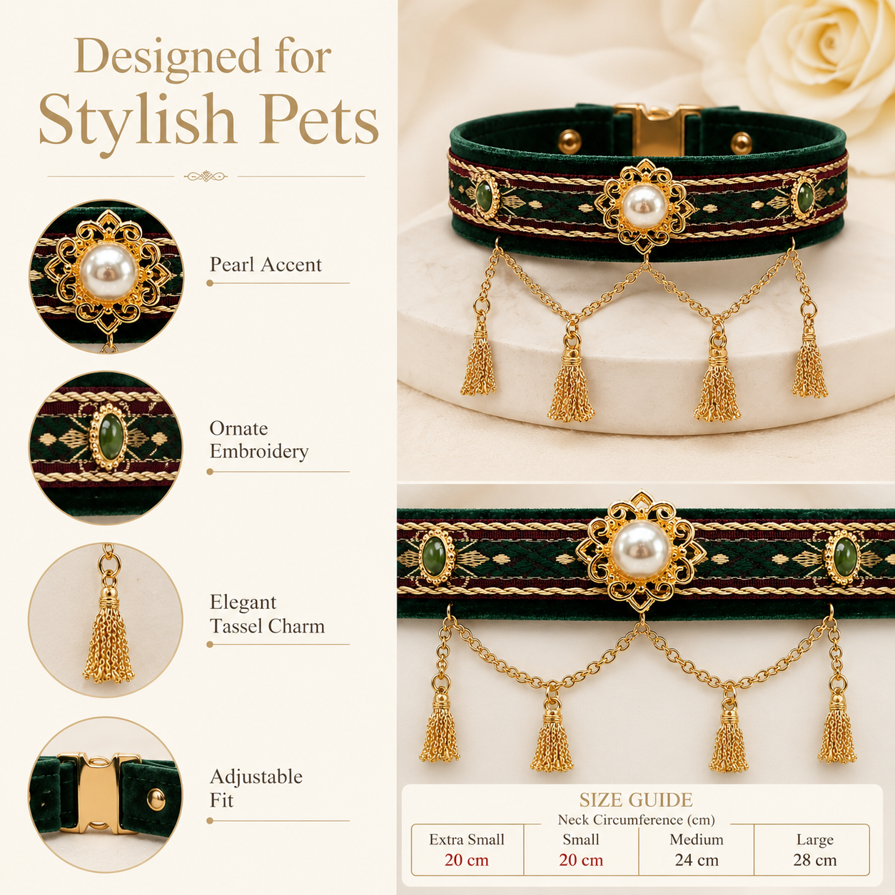 Retro Royal Style Pet Jewelry Collar with Gold Tassel & Pearl, Perfect for Pet Photoshoot & Wedding