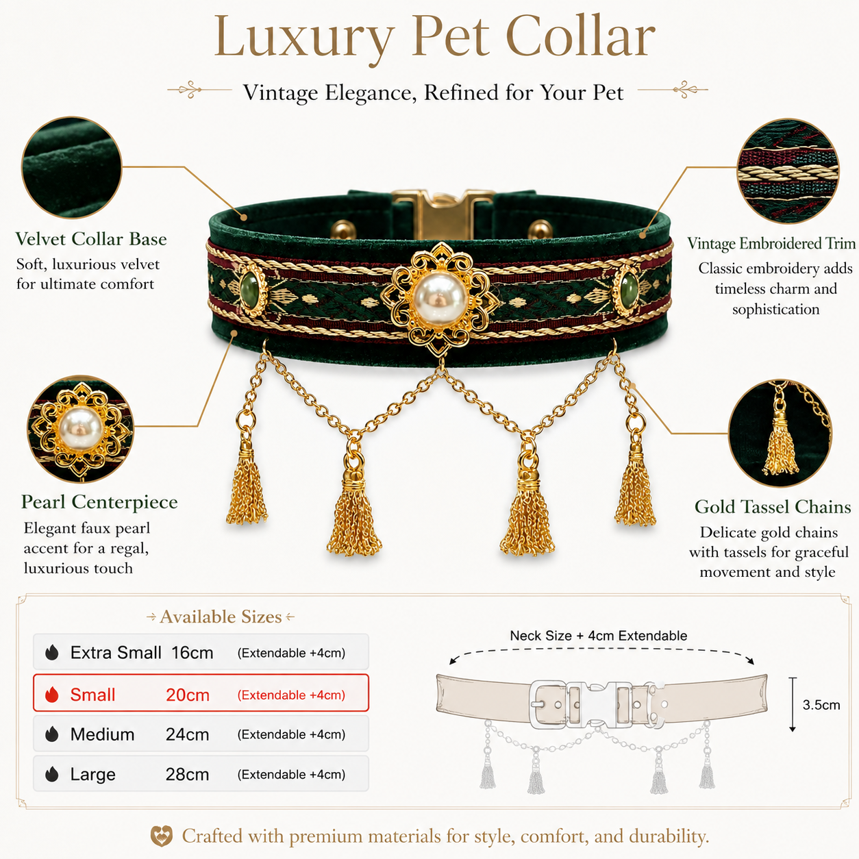 Retro Royal Style Pet Jewelry Collar with Gold Tassel & Pearl, Perfect for Pet Photoshoot & Wedding