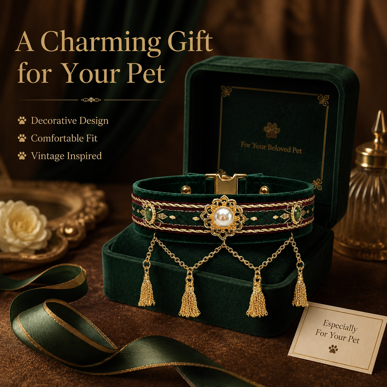 Retro Royal Style Pet Jewelry Collar with Gold Tassel & Pearl, Perfect for Pet Photoshoot & Wedding