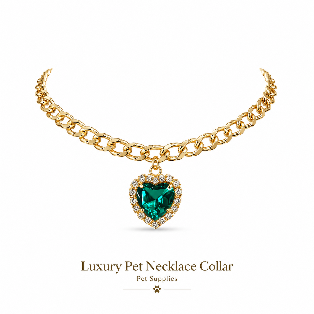 Gold Cuban Chain Pet Necklace Luxury Heart Emerald Crystal Collar for Cats Small Dogs
