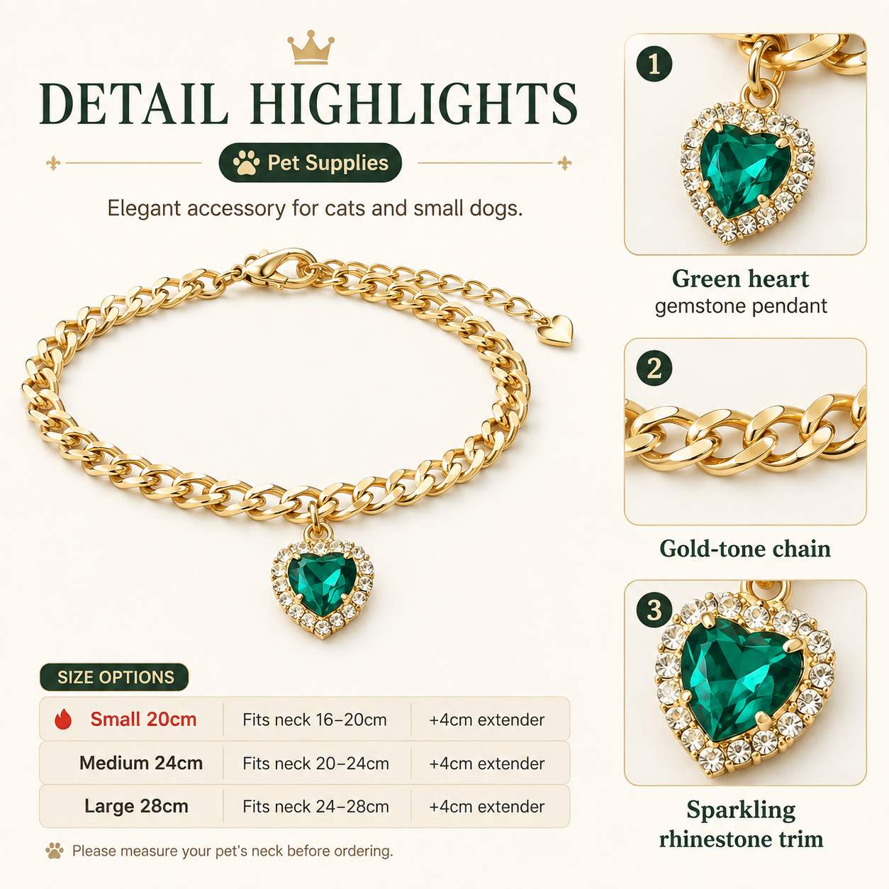 Gold Cuban Chain Pet Necklace Luxury Heart Emerald Crystal Collar for Cats Small Dogs