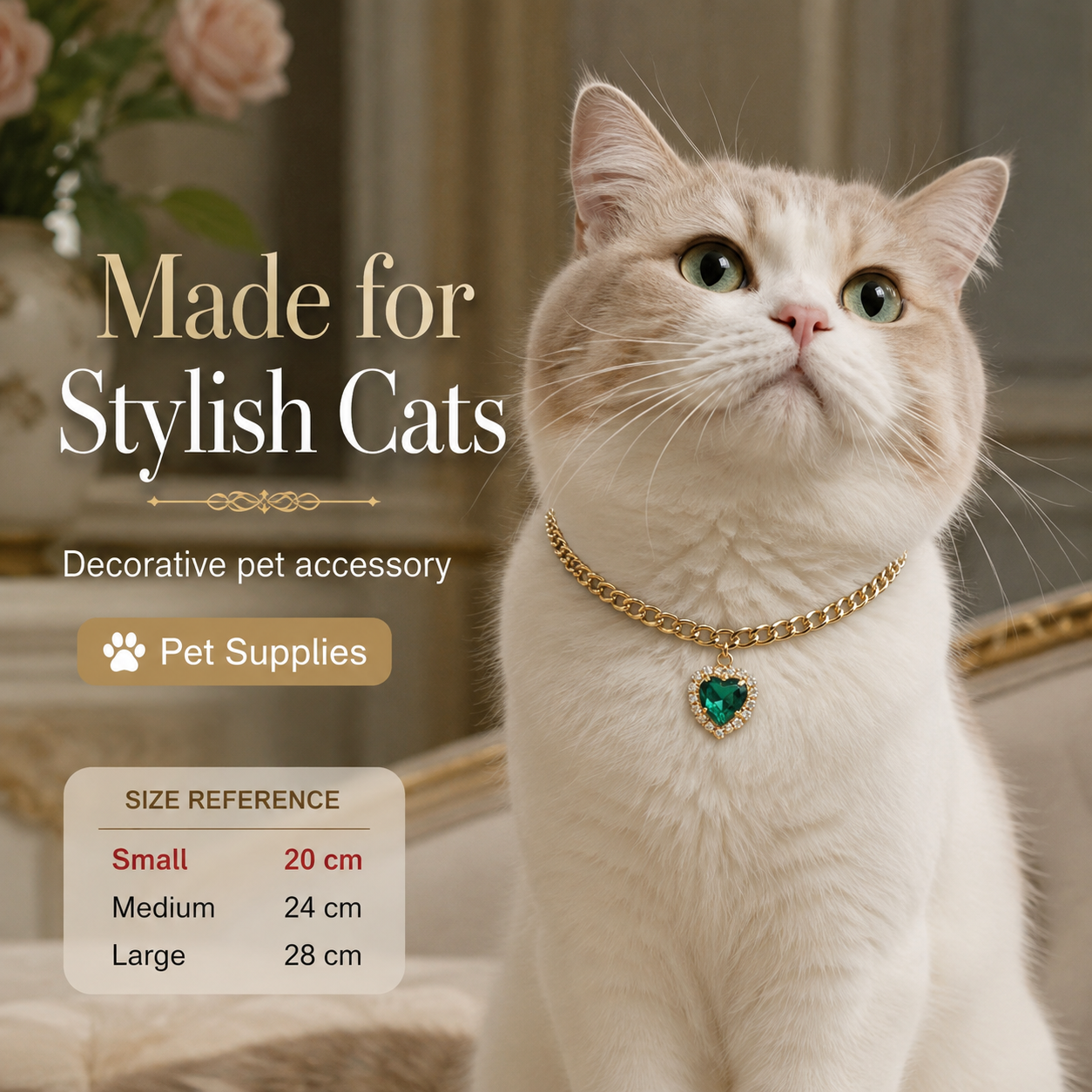 Gold Cuban Chain Pet Necklace Luxury Heart Emerald Crystal Collar for Cats Small Dogs