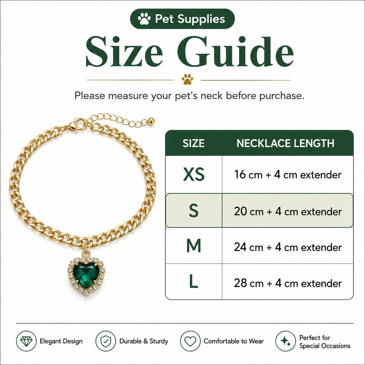 Gold Cuban Chain Pet Necklace Luxury Heart Emerald Crystal Collar for Cats Small Dogs