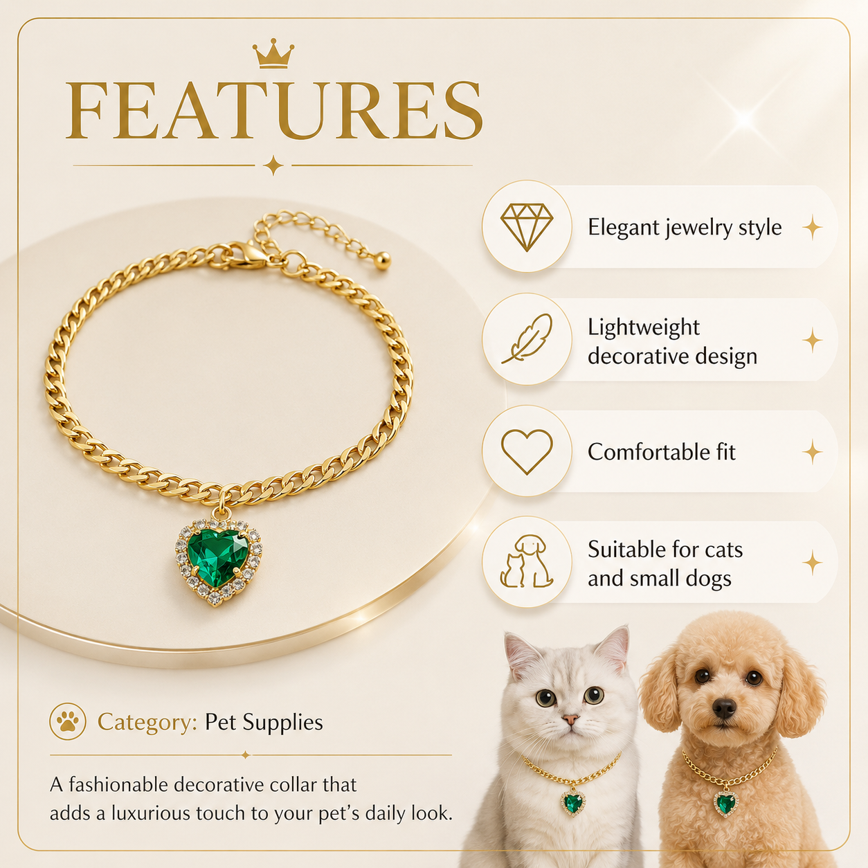 Gold Cuban Chain Pet Necklace Luxury Heart Emerald Crystal Collar for Cats Small Dogs