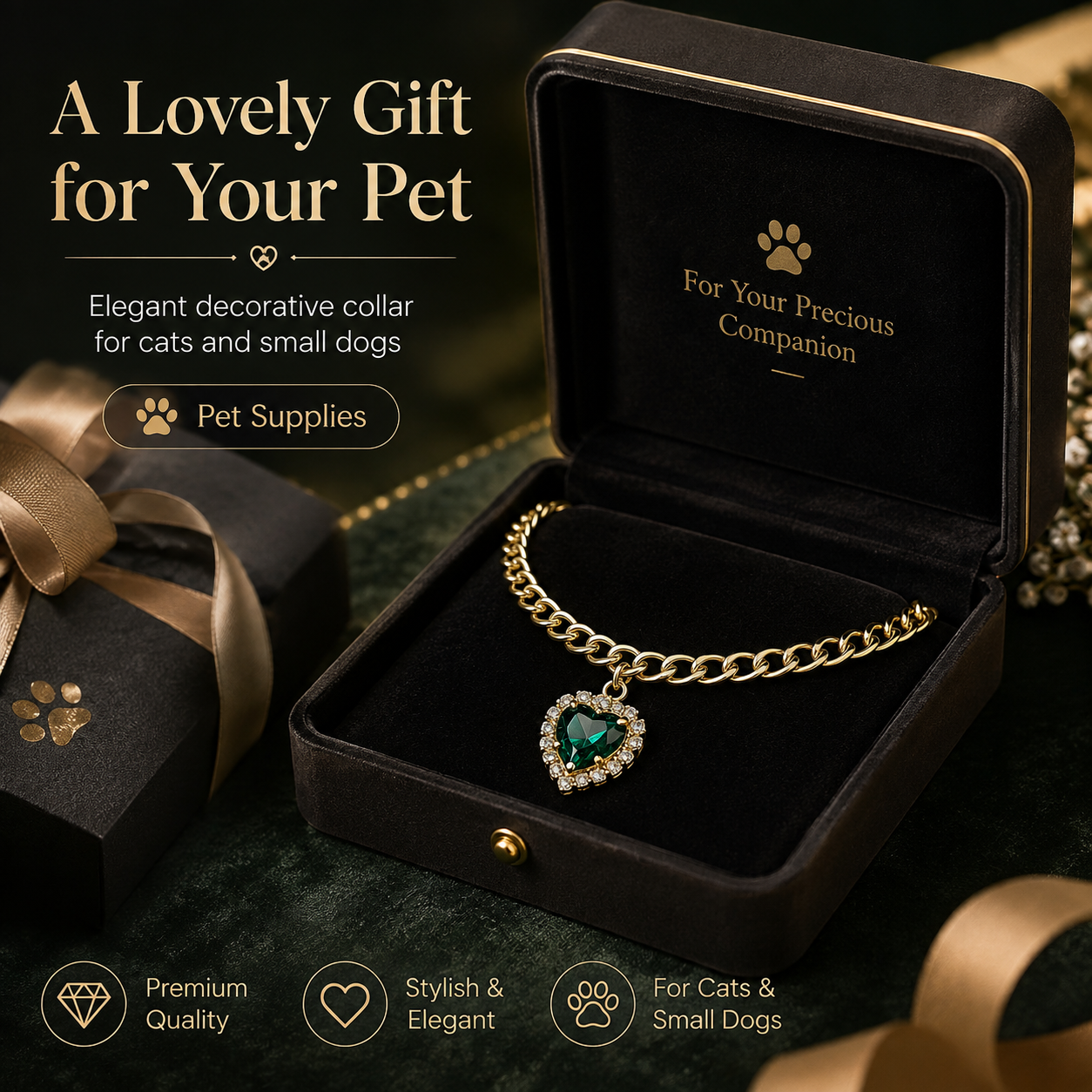Gold Cuban Chain Pet Necklace Luxury Heart Emerald Crystal Collar for Cats Small Dogs