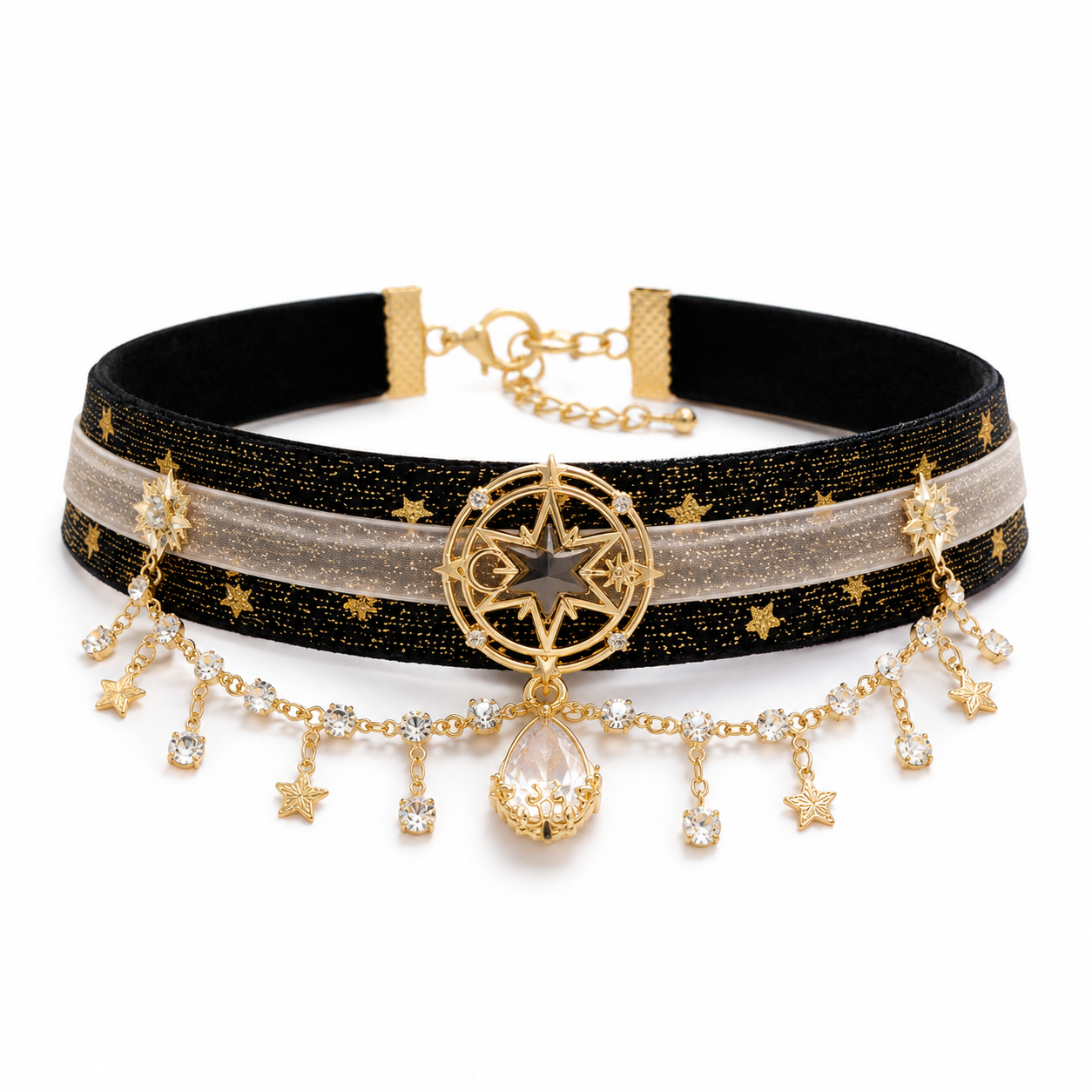 Starry Sky Black Velvet Pet Collar Magical Star Moon Crystal Tassel Necklace for Cats Small Dogs