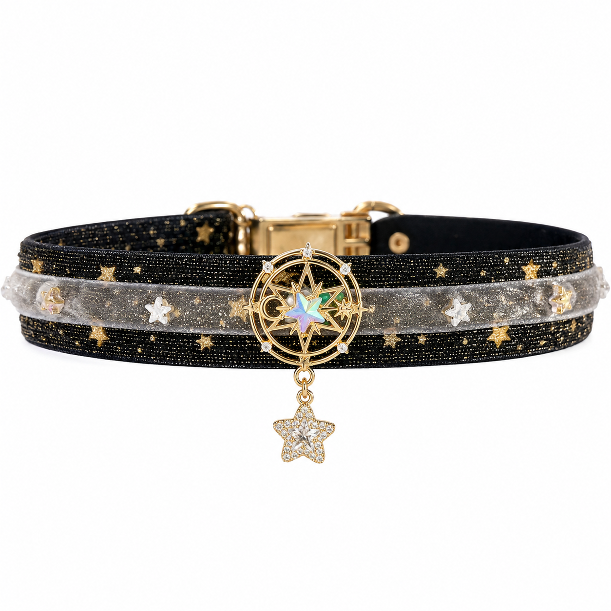 Starry Sky Black Velvet Pet Collar Magical Star Moon Crystal Tassel Necklace for Cats Small Dogs