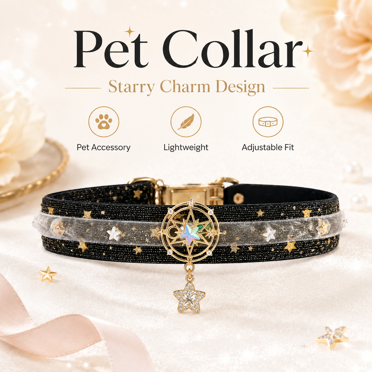 Black Star Velvet Pet Choker Star Moon Rhinestone Star Pendant Decor Necklace for Cats Small Dogs