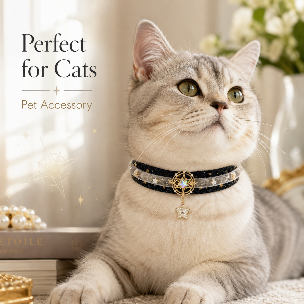 Black Star Velvet Pet Choker Star Moon Rhinestone Star Pendant Decor Necklace for Cats Small Dogs