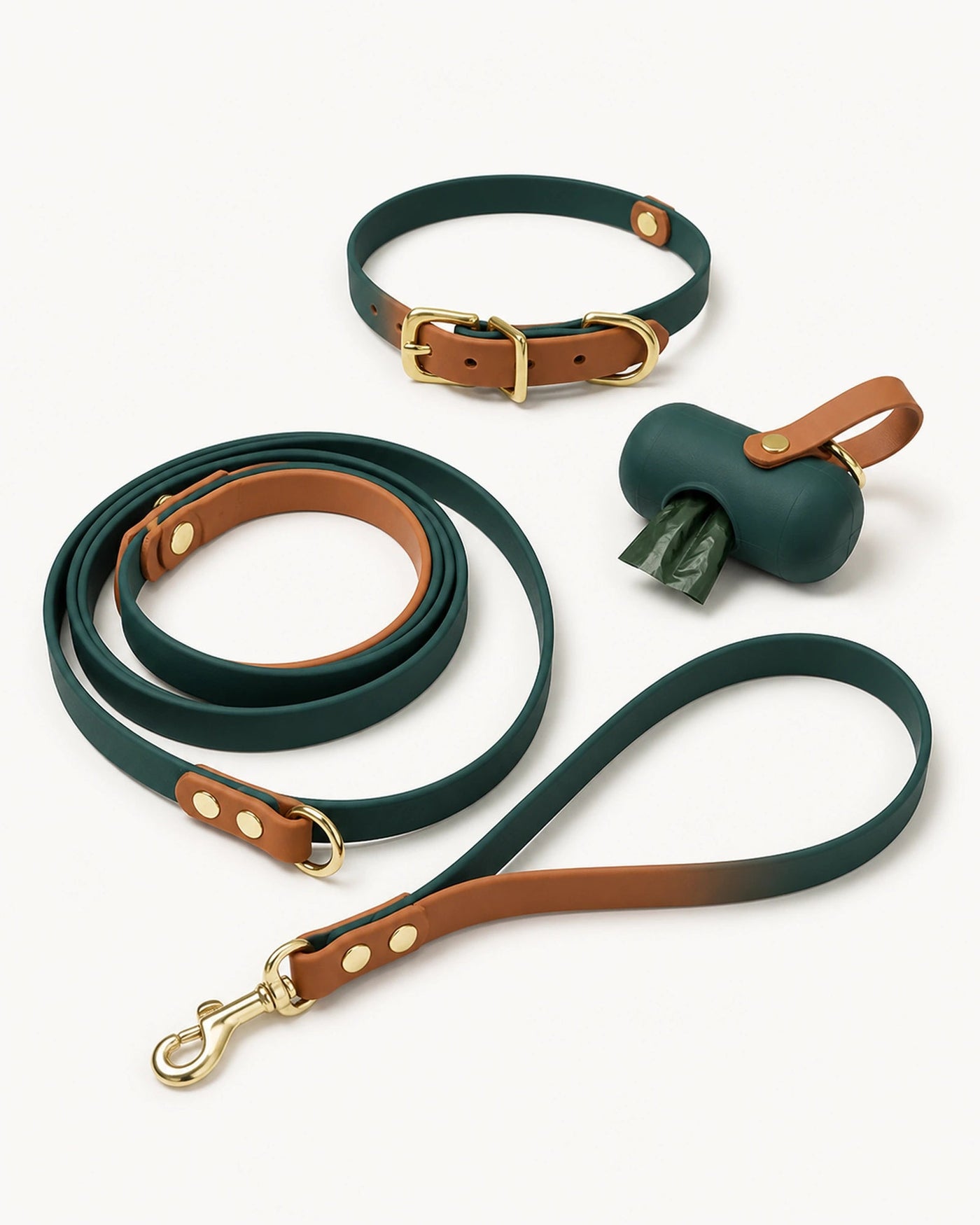 Moss Reserve walk set with collar, multi-way leash, waste bag holder, and matte gold hardware