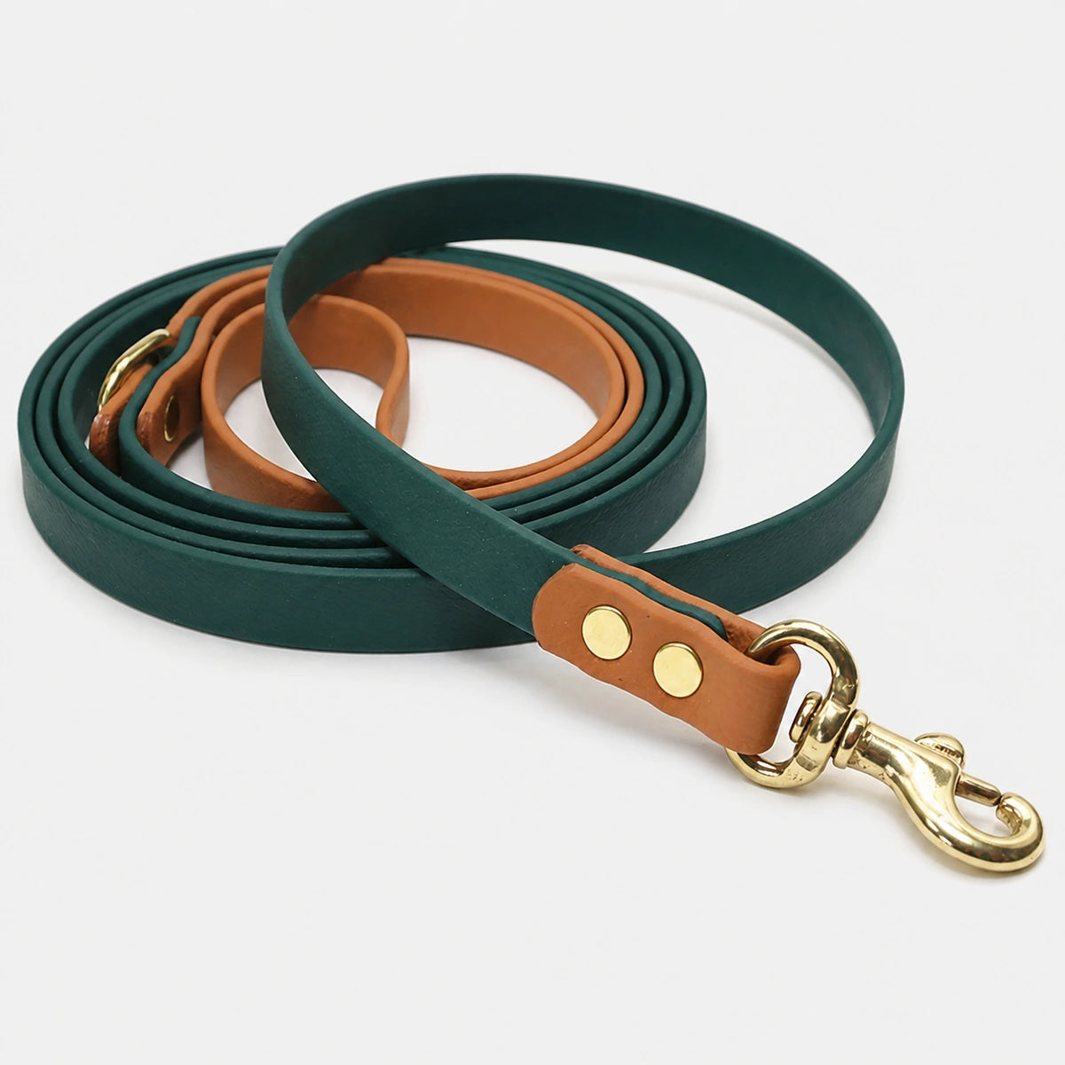 Route multi-way leash in moss green with caramel brown trim and matte gold hardware