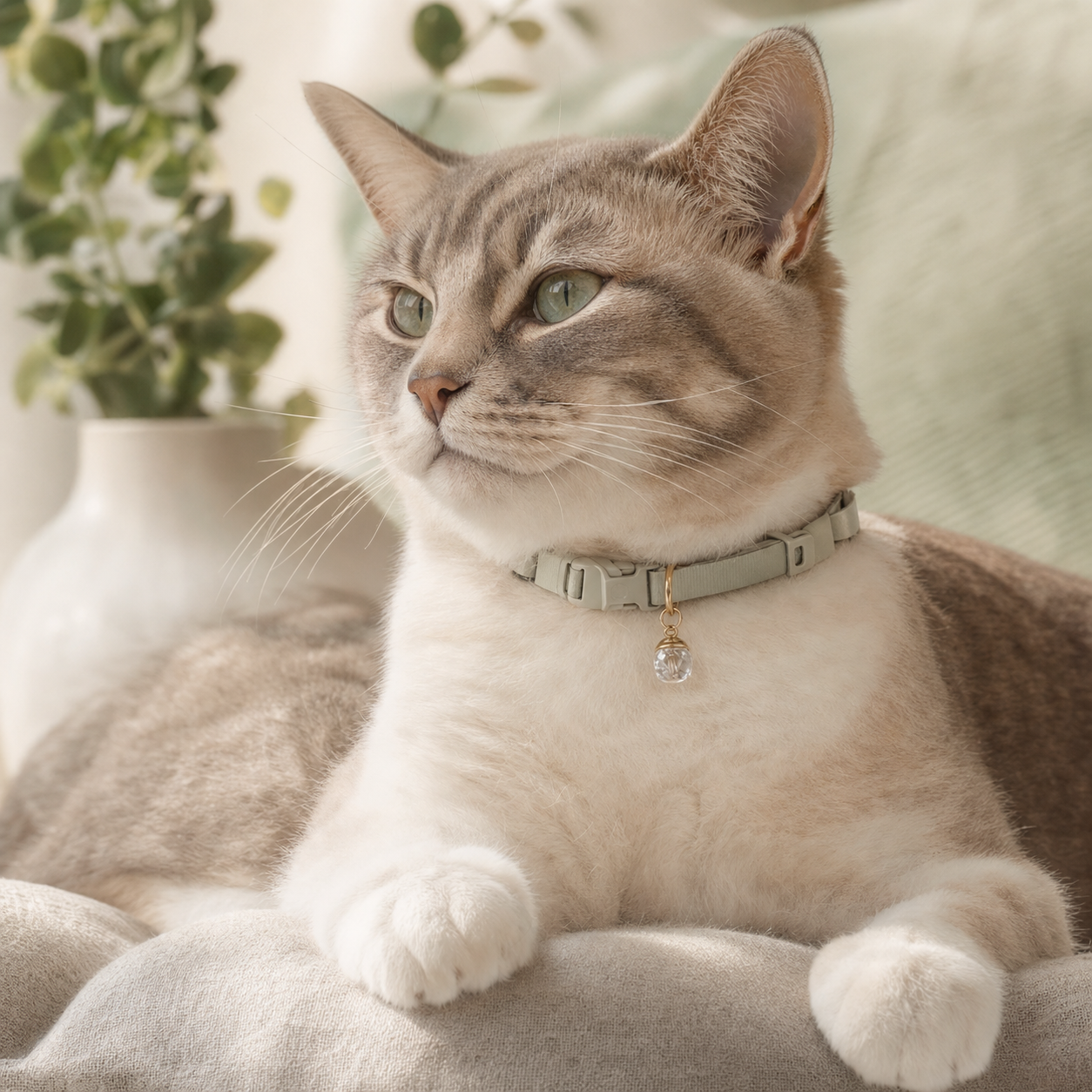 Cat wearing a lightweight crystal collar charm