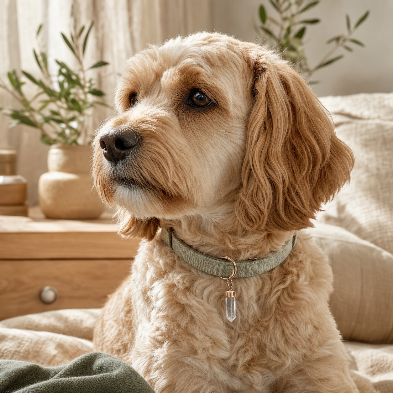 Dog wearing a lightweight crystal collar charm